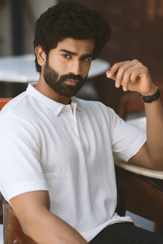 Waffle textured t shirt- white- half sleeve