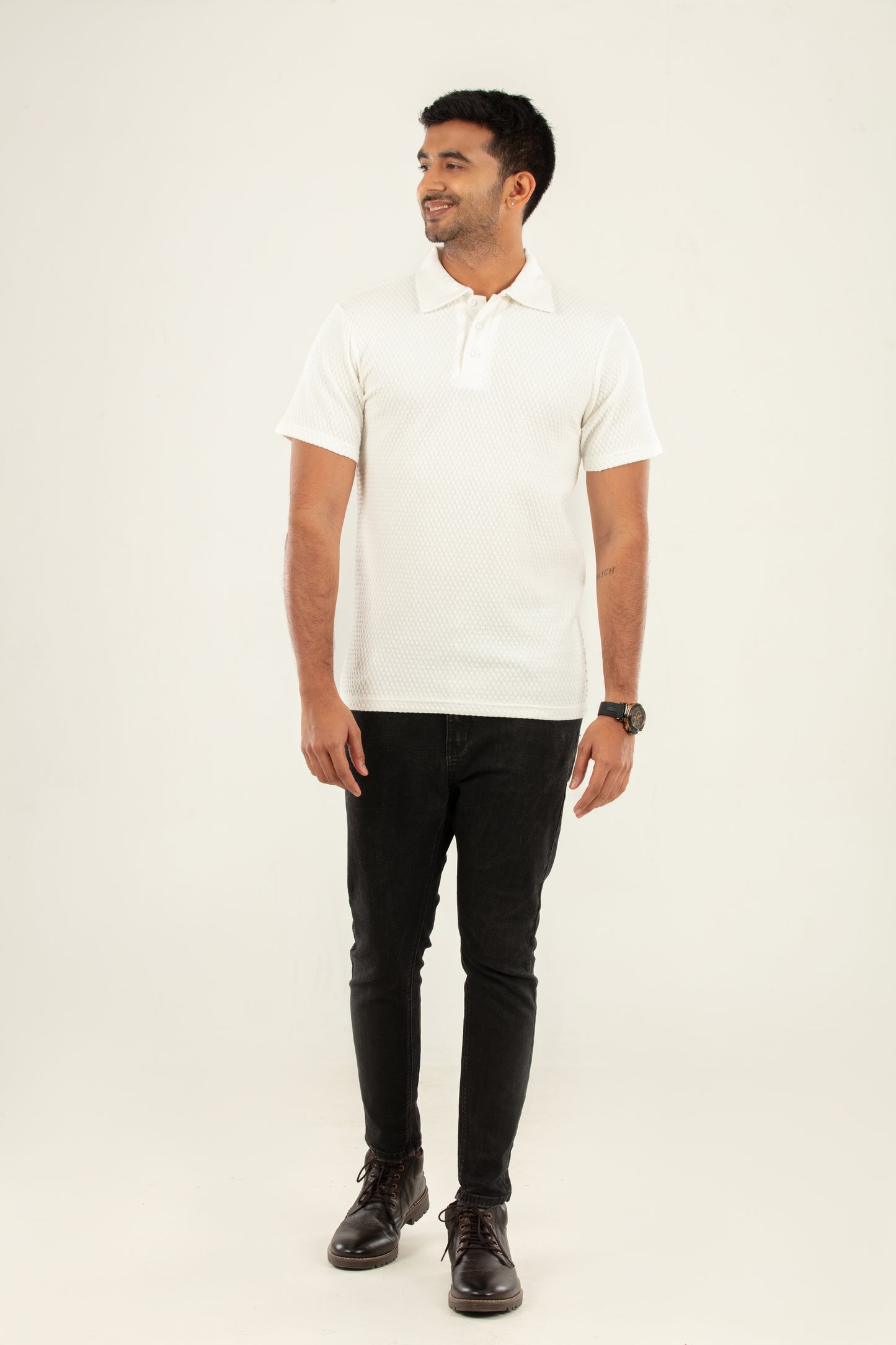 Waffle textured t shirt- white- half sleeve