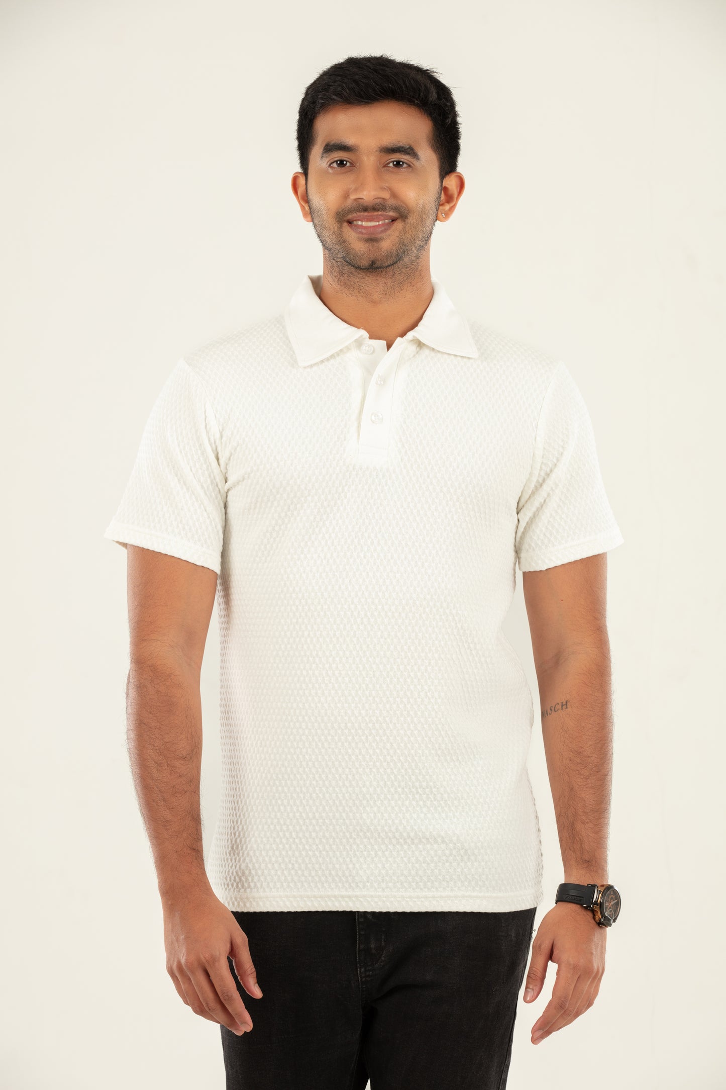 Waffle textured t shirt- white- half sleeve