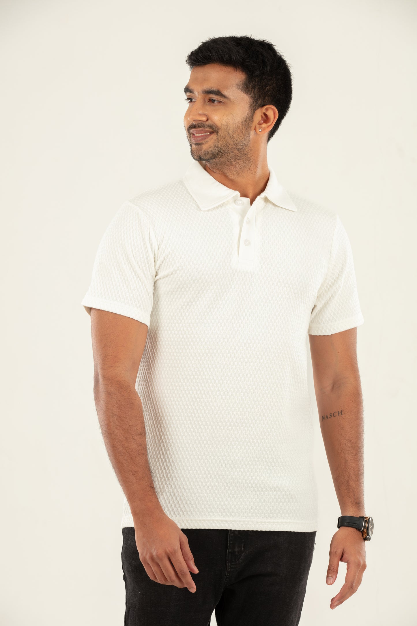 Waffle textured t shirt- white- half sleeve