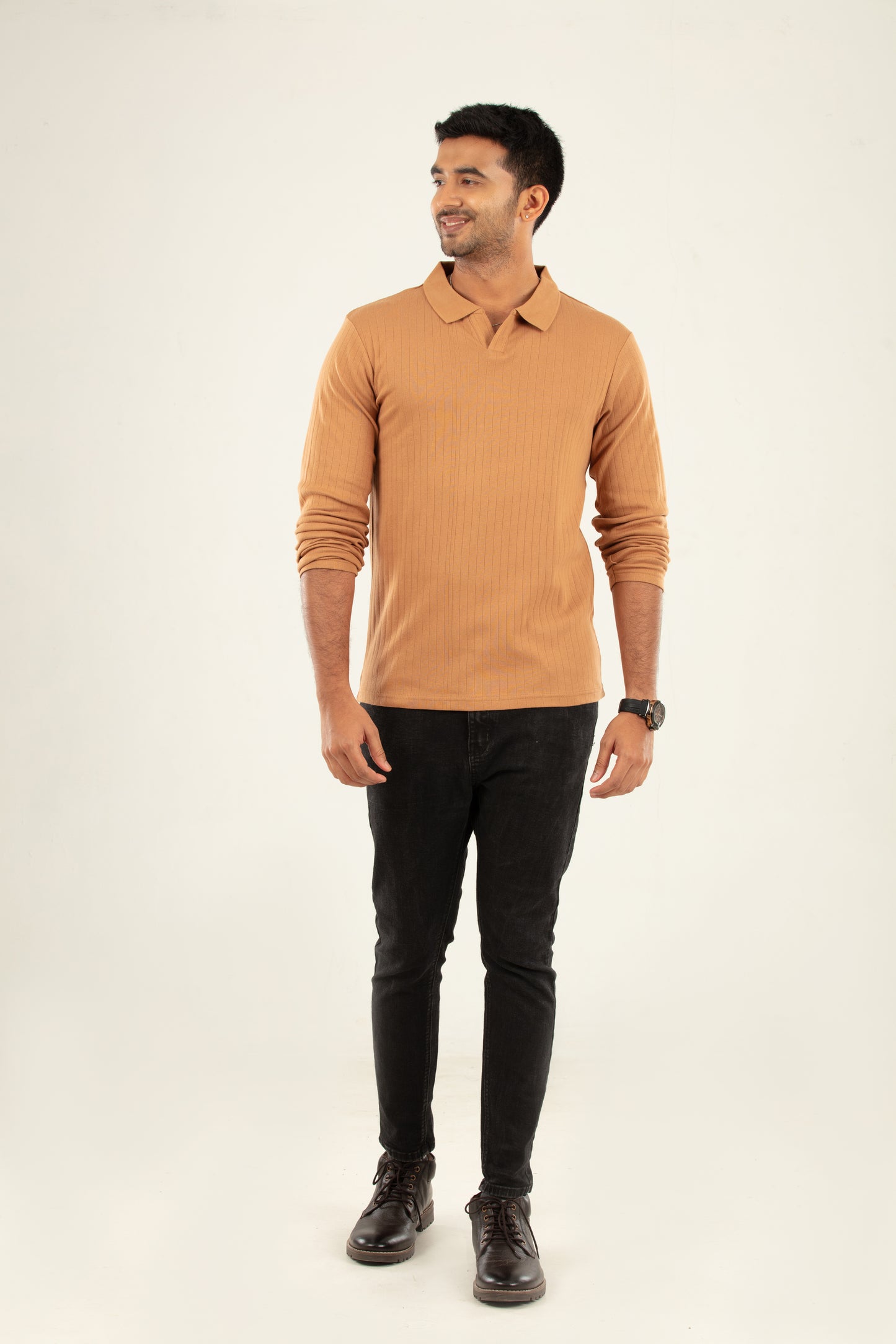 Ribbed textured Polo Tshirt - Tan brown