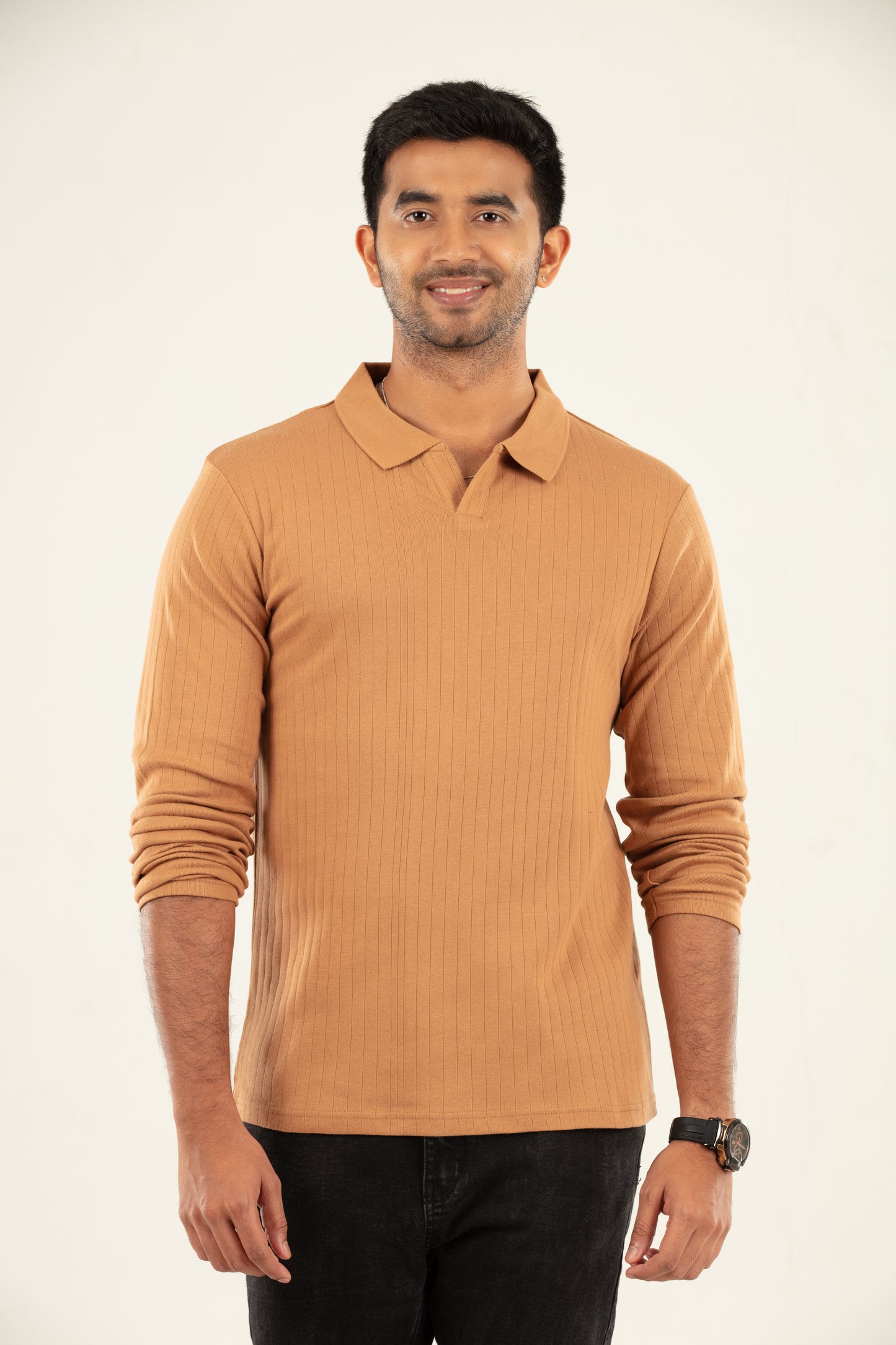 Ribbed textured Polo Tshirt - Tan brown