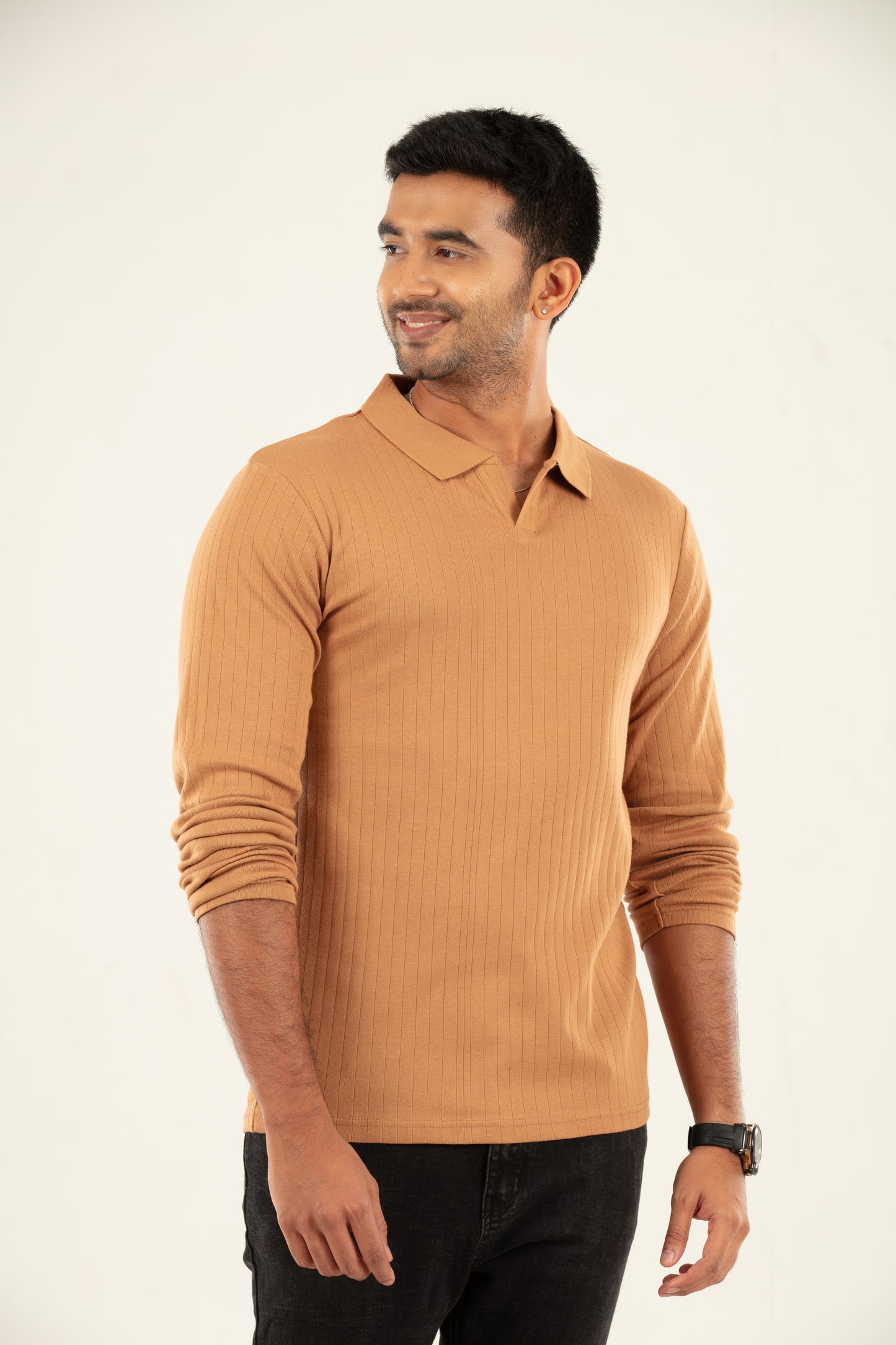 Ribbed textured Polo Tshirt - Tan brown