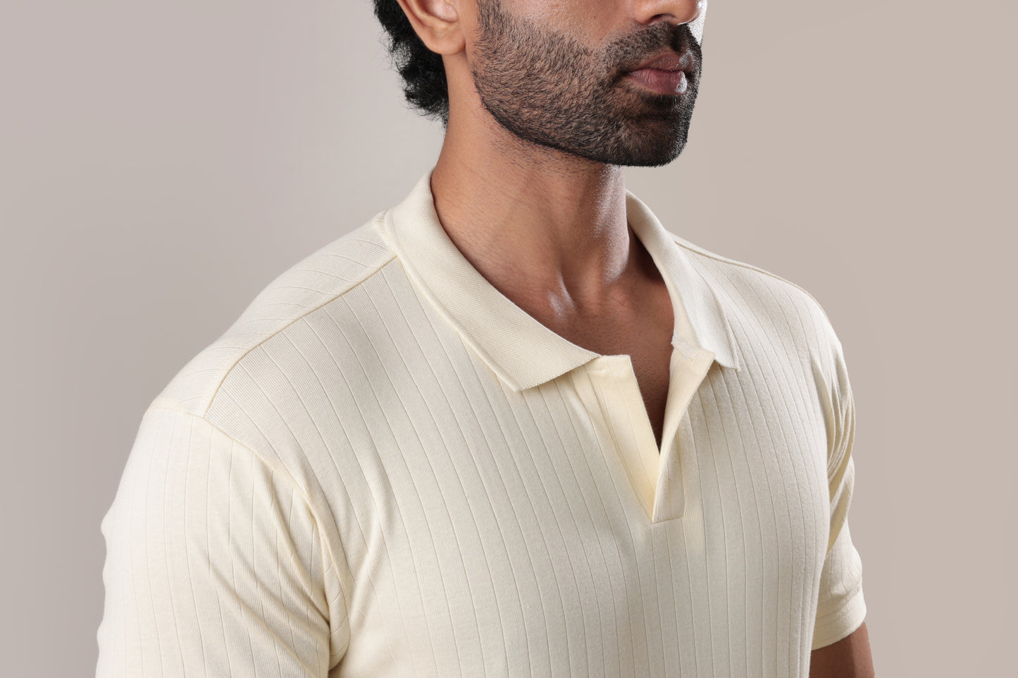 Ribbed textured polo Tshirt - light beige - half sleeve