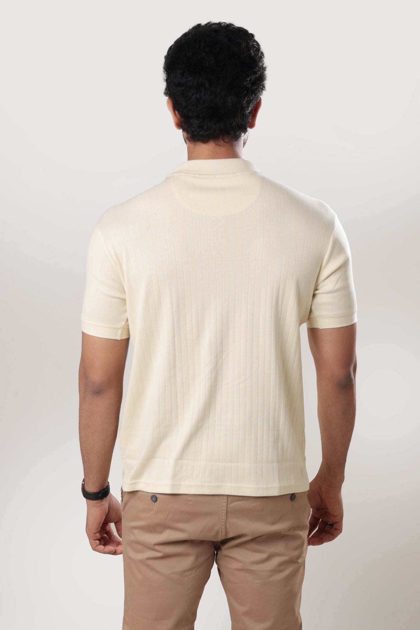 Ribbed textured polo Tshirt - light beige - half sleeve