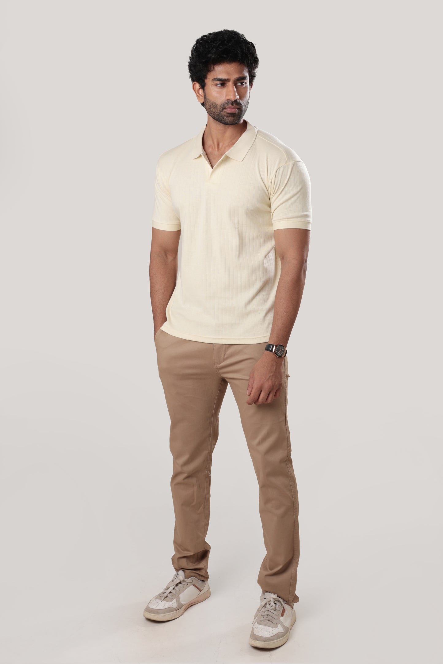 Ribbed textured polo Tshirt - light beige - half sleeve