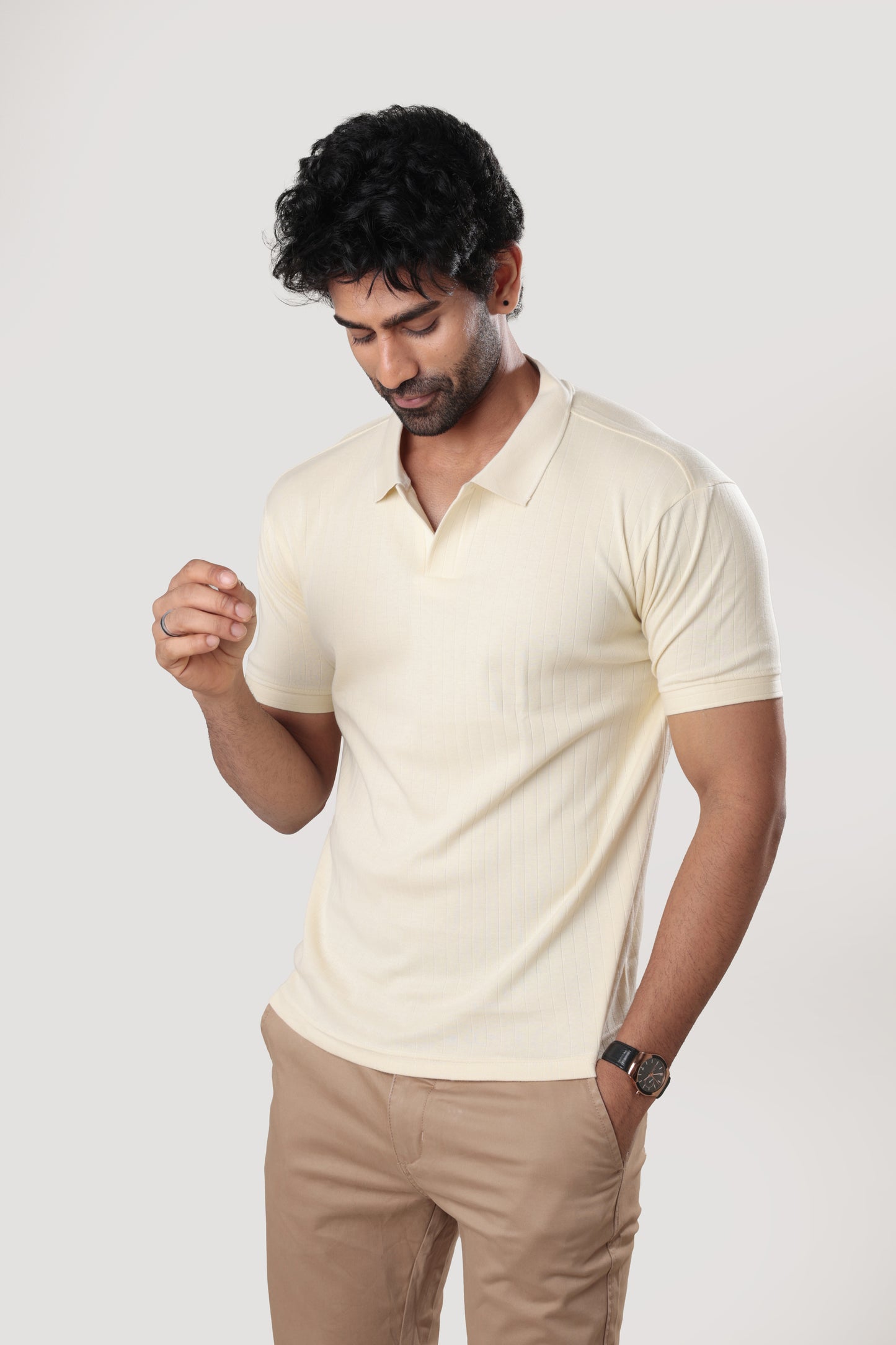 Ribbed textured polo Tshirt - light beige - half sleeve