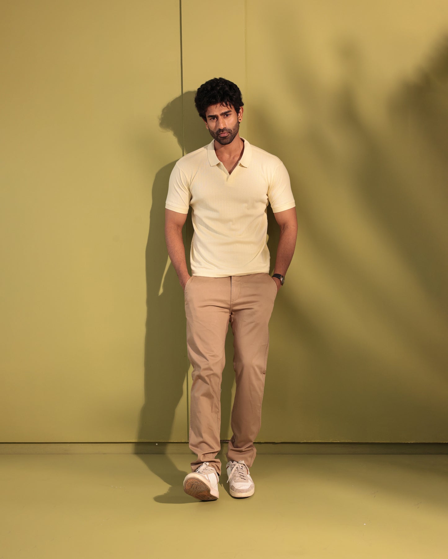 Ribbed textured polo Tshirt - light beige - half sleeve