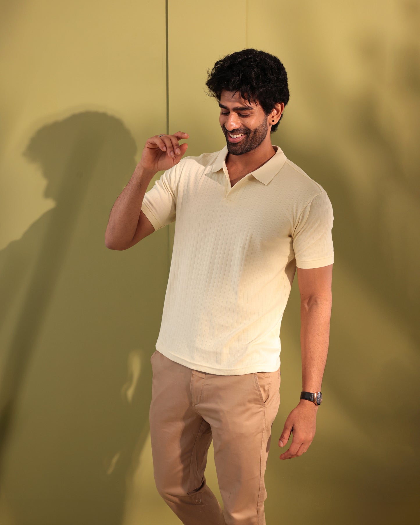 Ribbed textured polo Tshirt - light beige - half sleeve