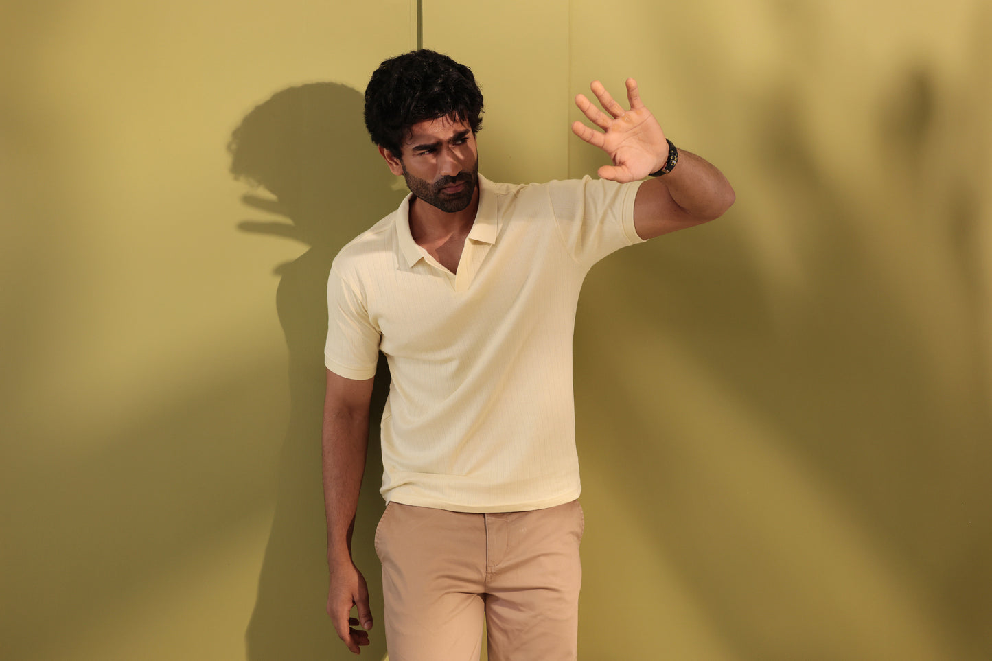 Ribbed textured polo Tshirt - light beige - half sleeve