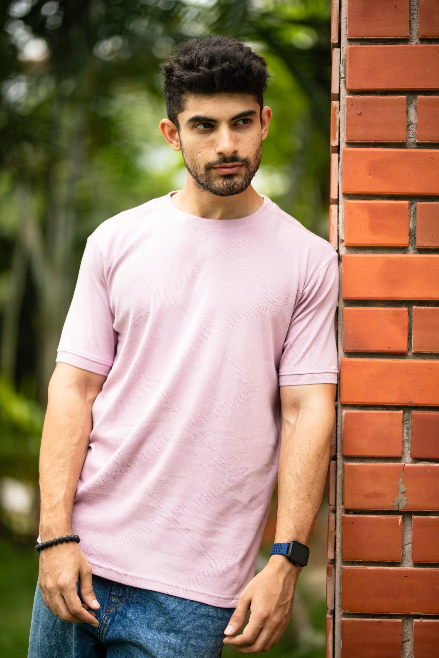 Pointelle muscle fit t-shirt with cuffs in peach