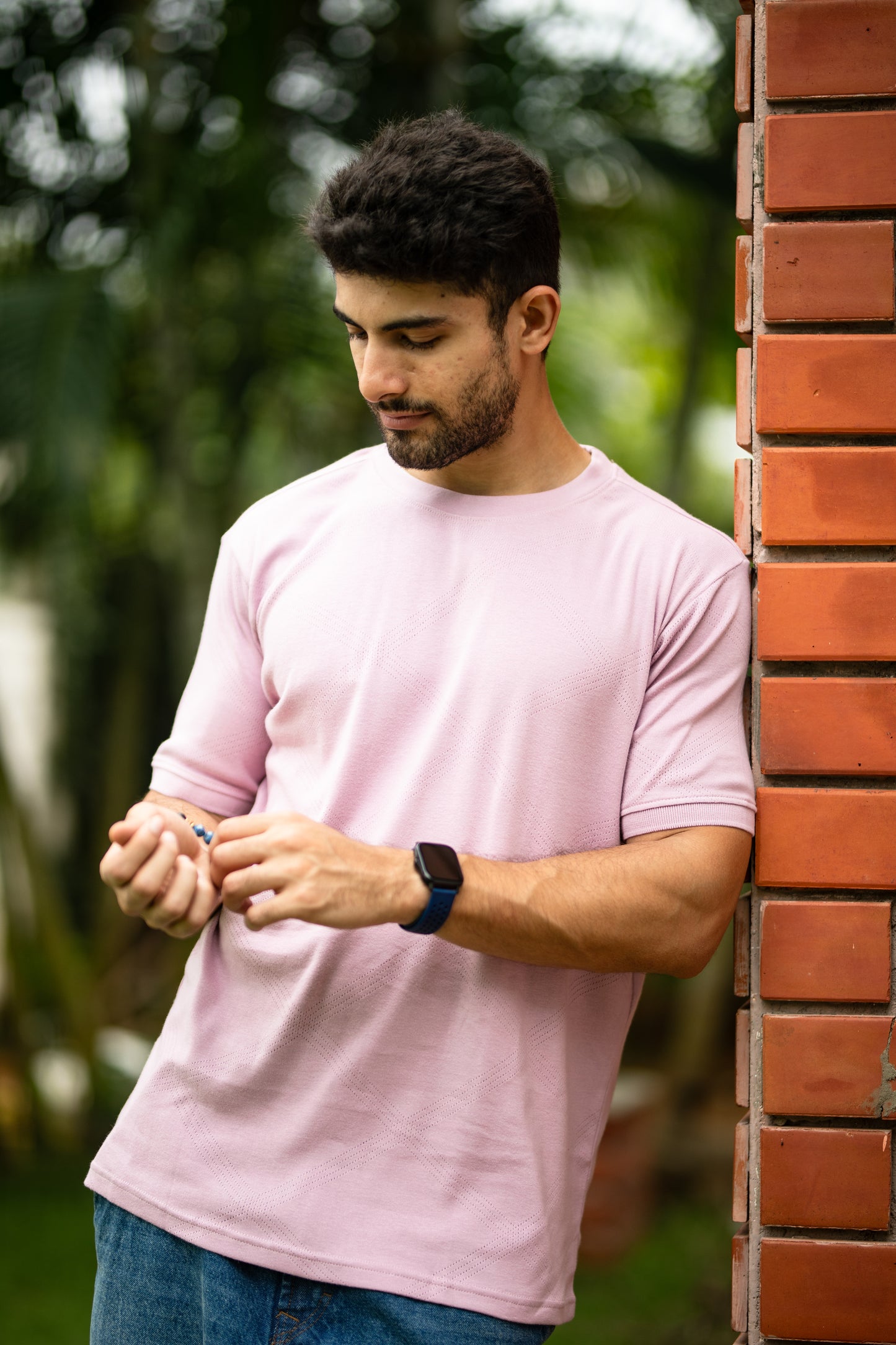 Pointelle muscle fit t-shirt with cuffs in peach