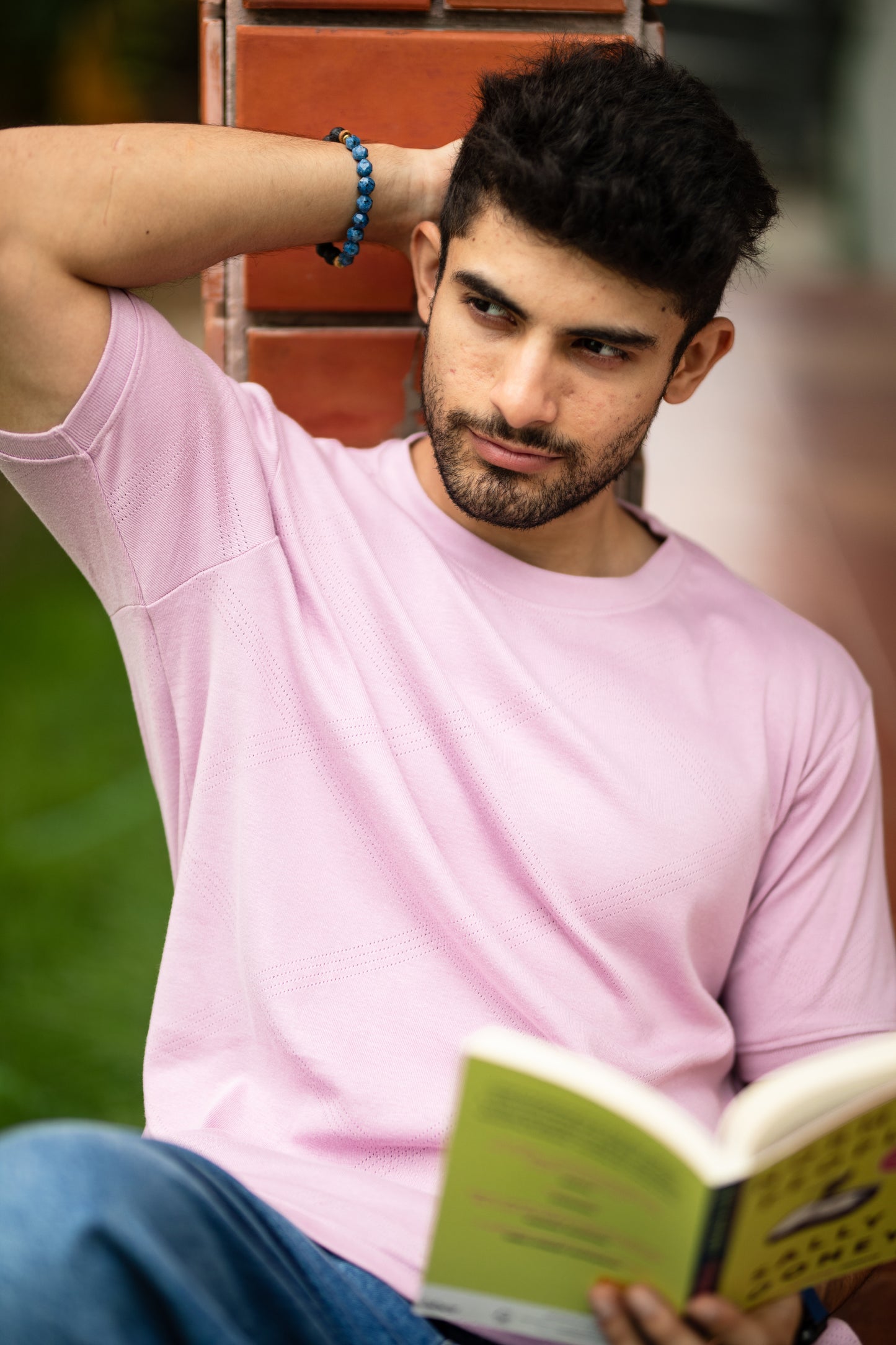 Pointelle muscle fit t-shirt with cuffs in peach