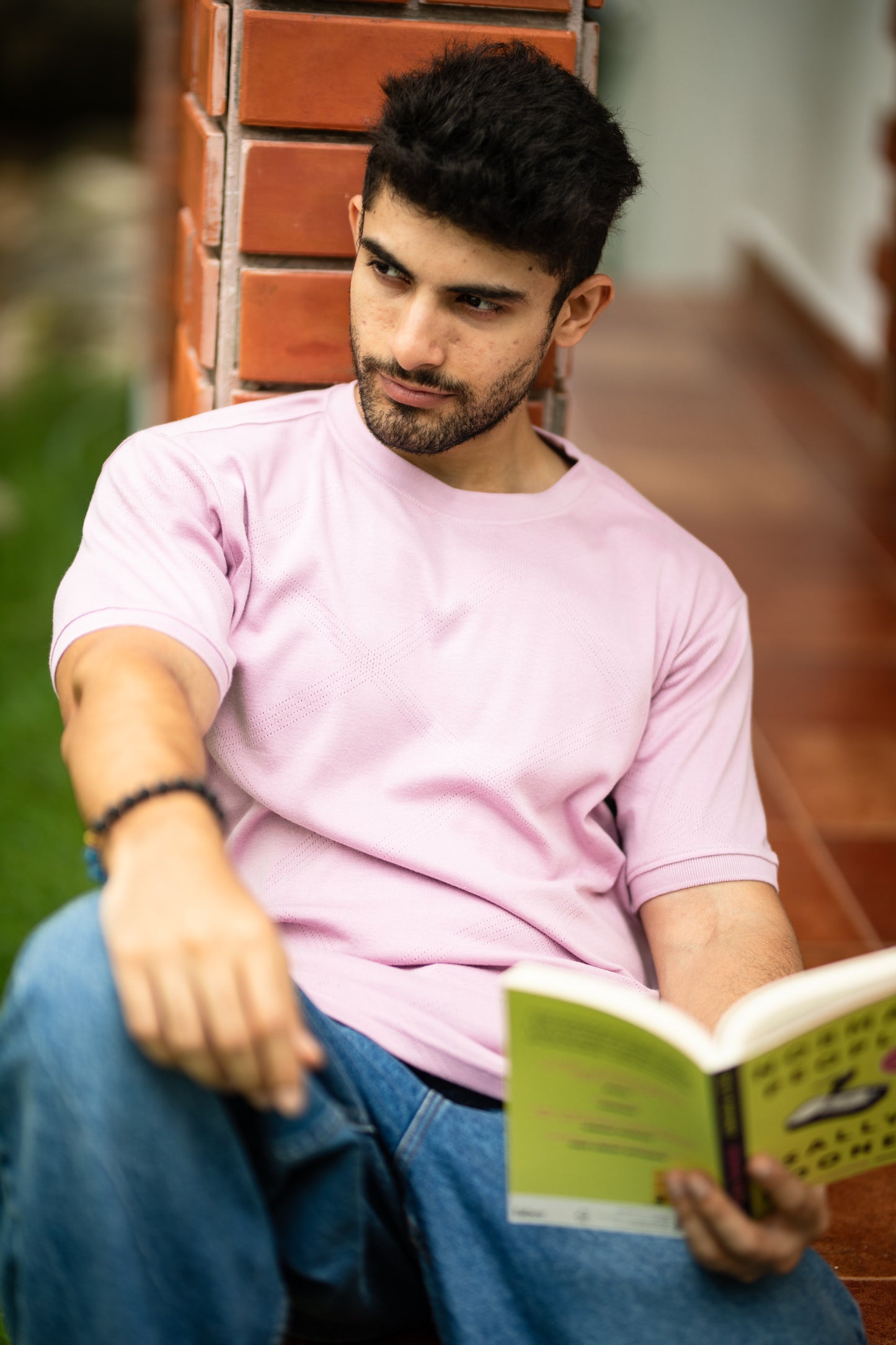 Pointelle muscle fit t-shirt with cuffs in peach