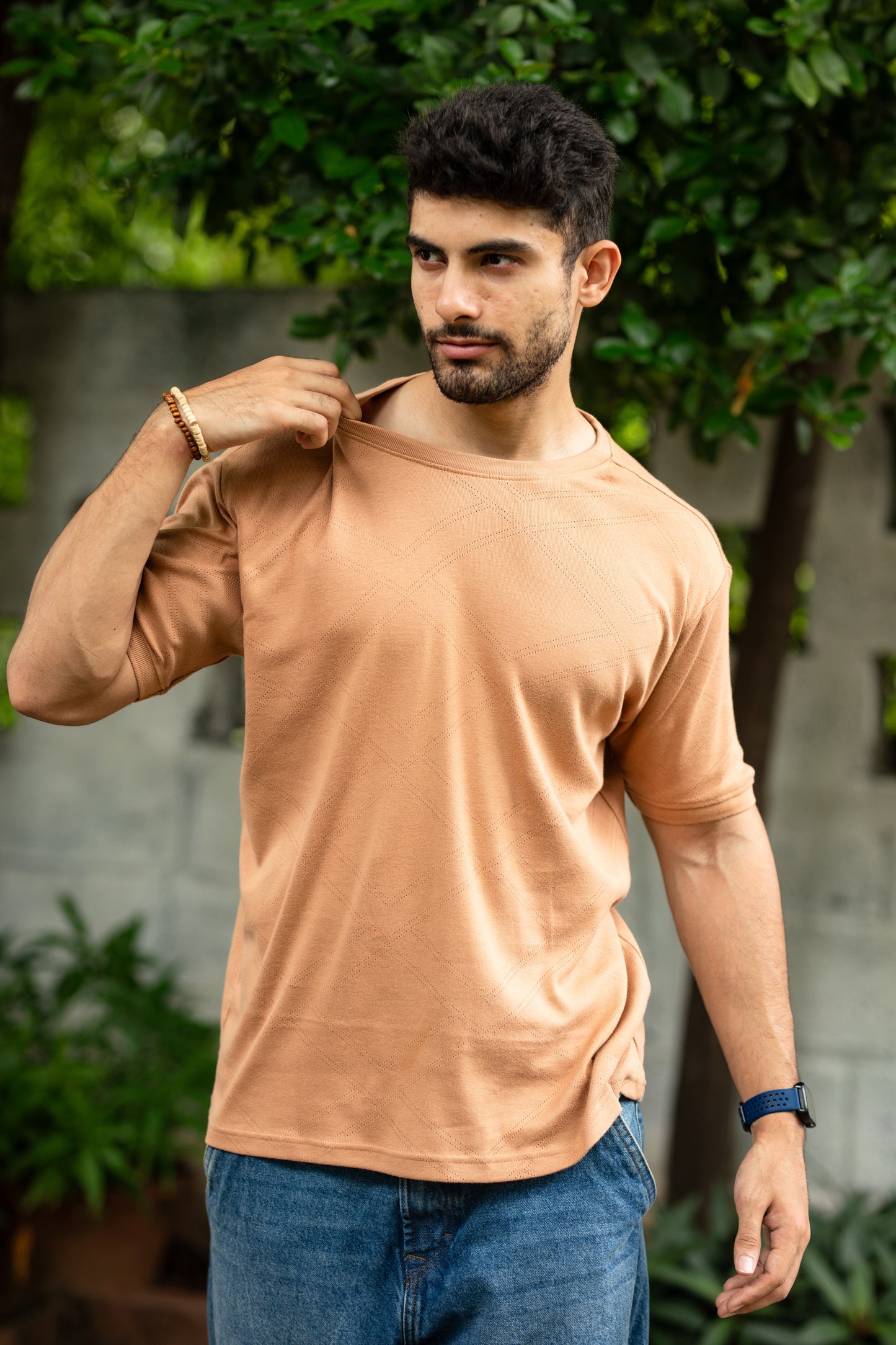 Pointelle muscle fit t-shirt with cuffs in Tan