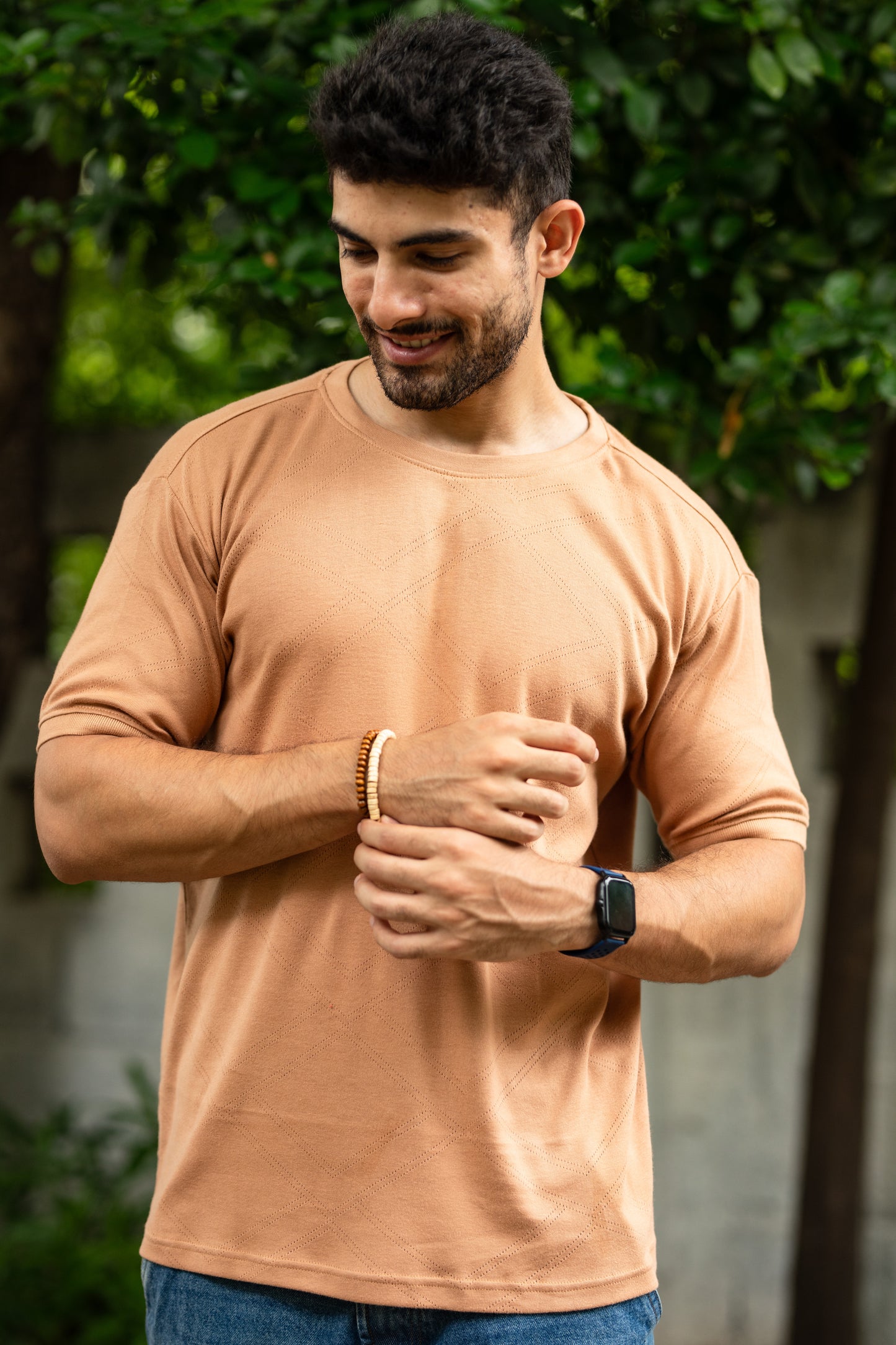 Pointelle muscle fit t-shirt with cuffs in Tan