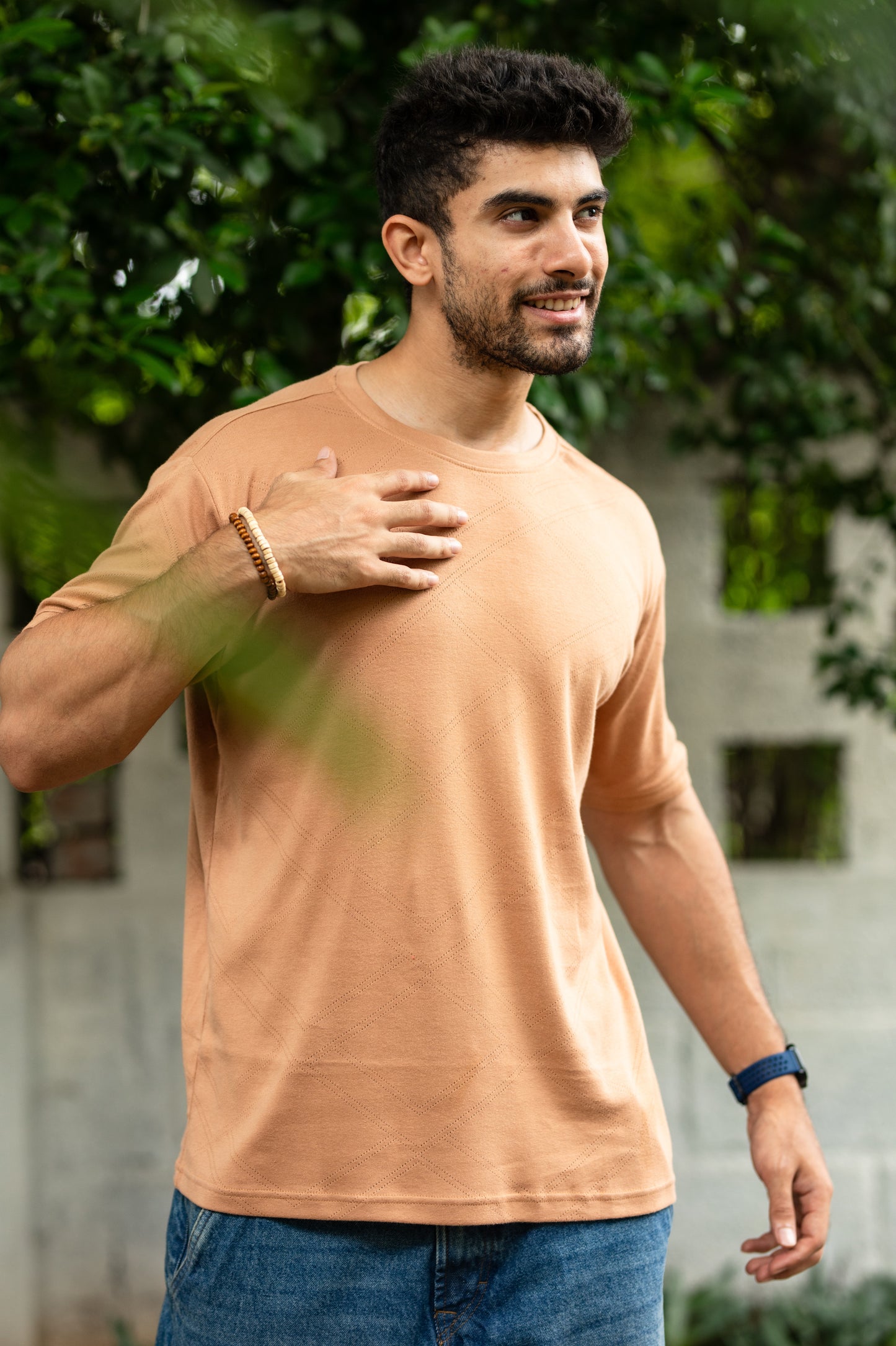 Pointelle muscle fit t-shirt with cuffs in Tan