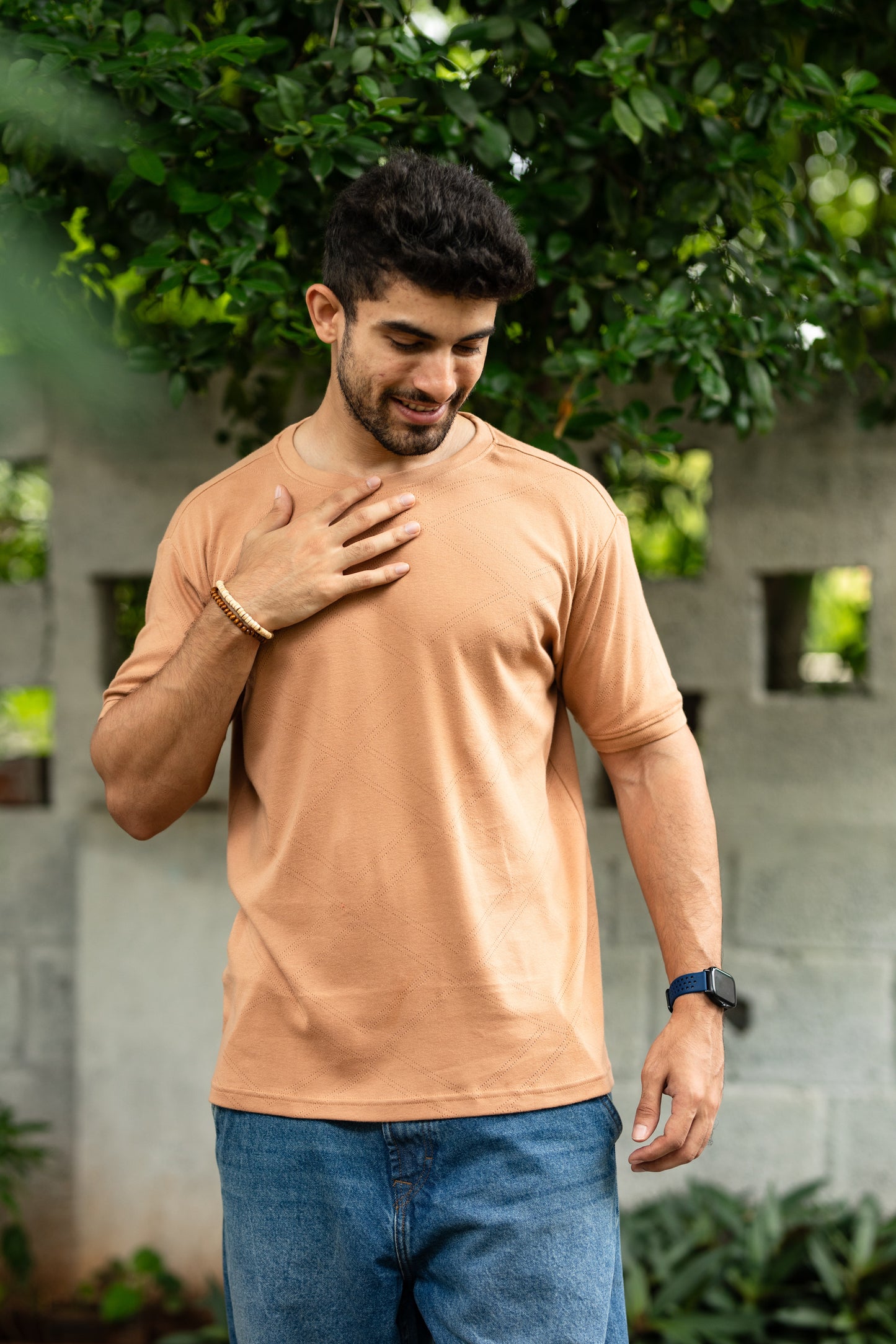 Pointelle muscle fit t-shirt with cuffs in Tan