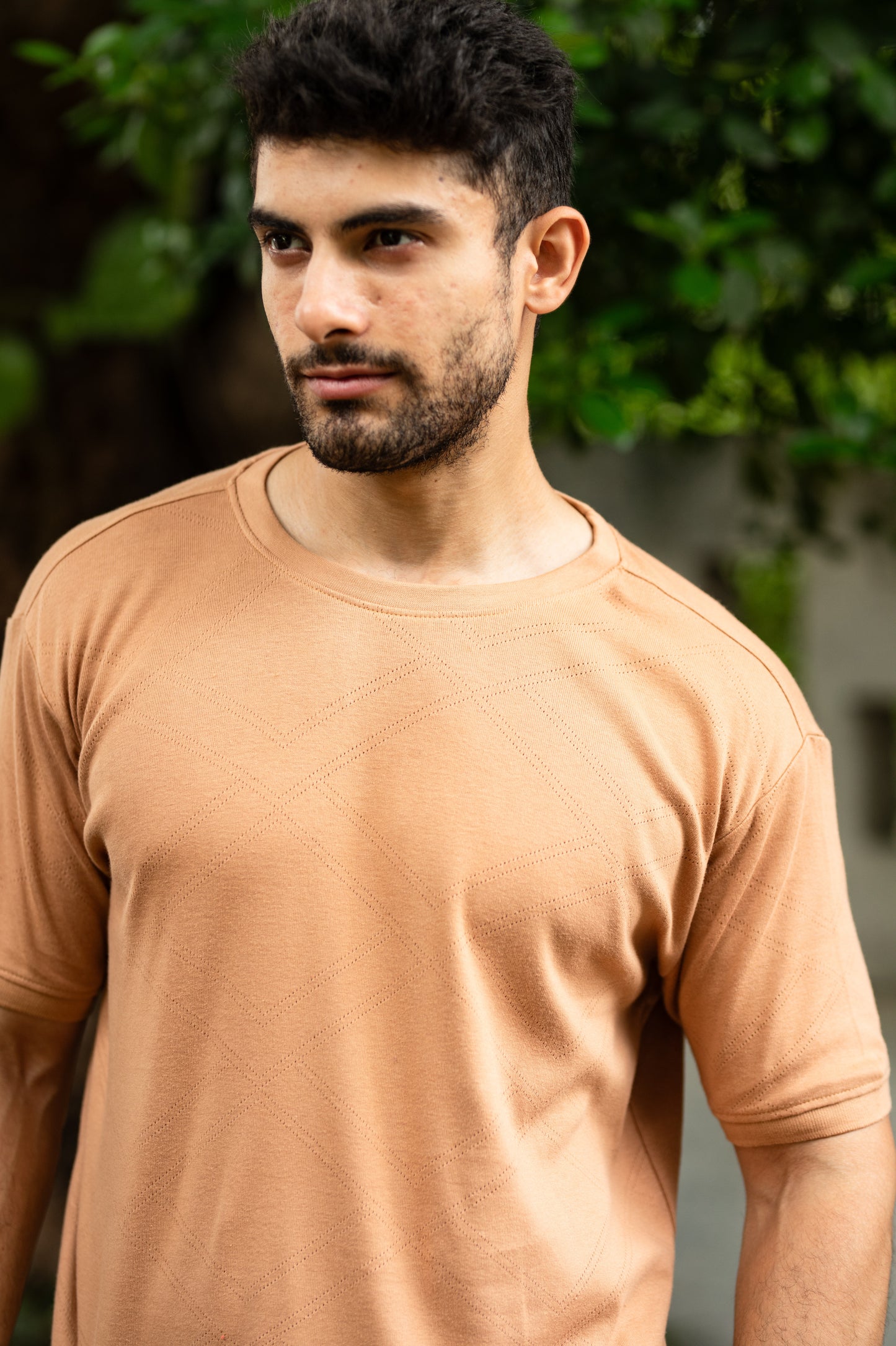 Pointelle muscle fit t-shirt with cuffs in Tan