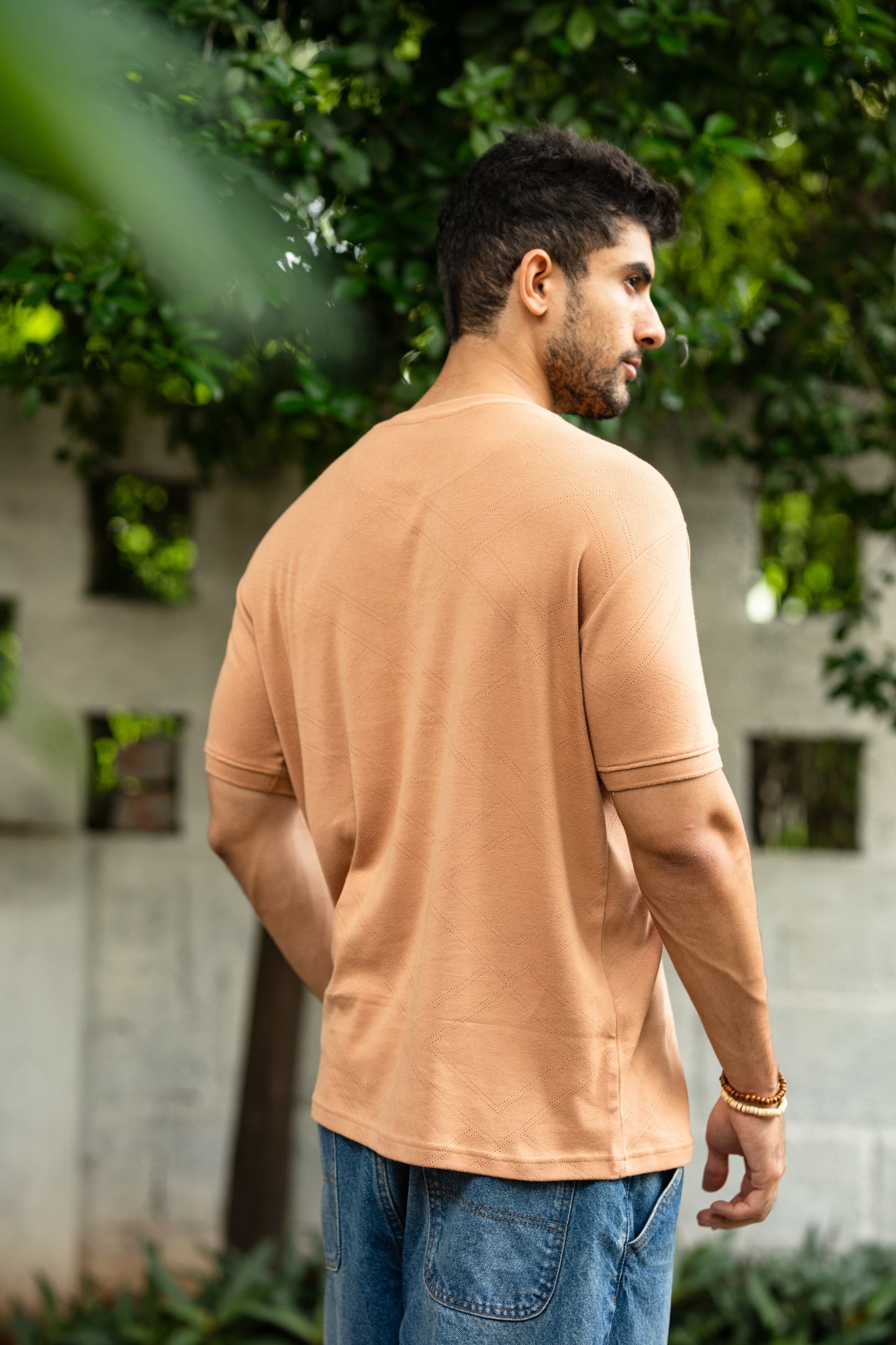 Pointelle muscle fit t-shirt with cuffs in Tan