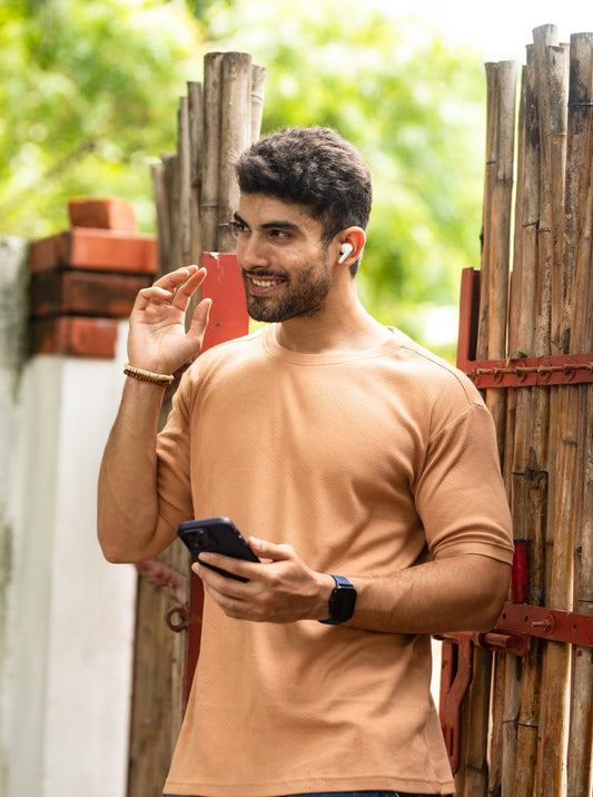 Pointelle muscle fit t-shirt with cuffs in Tan