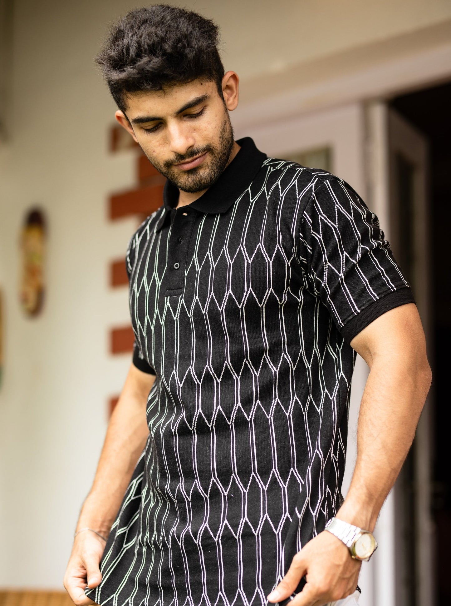 Hexa grid pattern Polo t-shirt