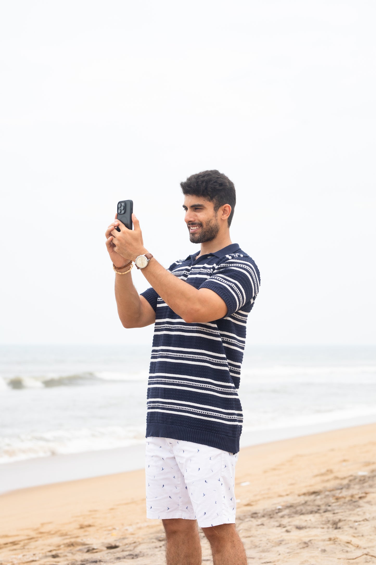 Navy stripe textured polo