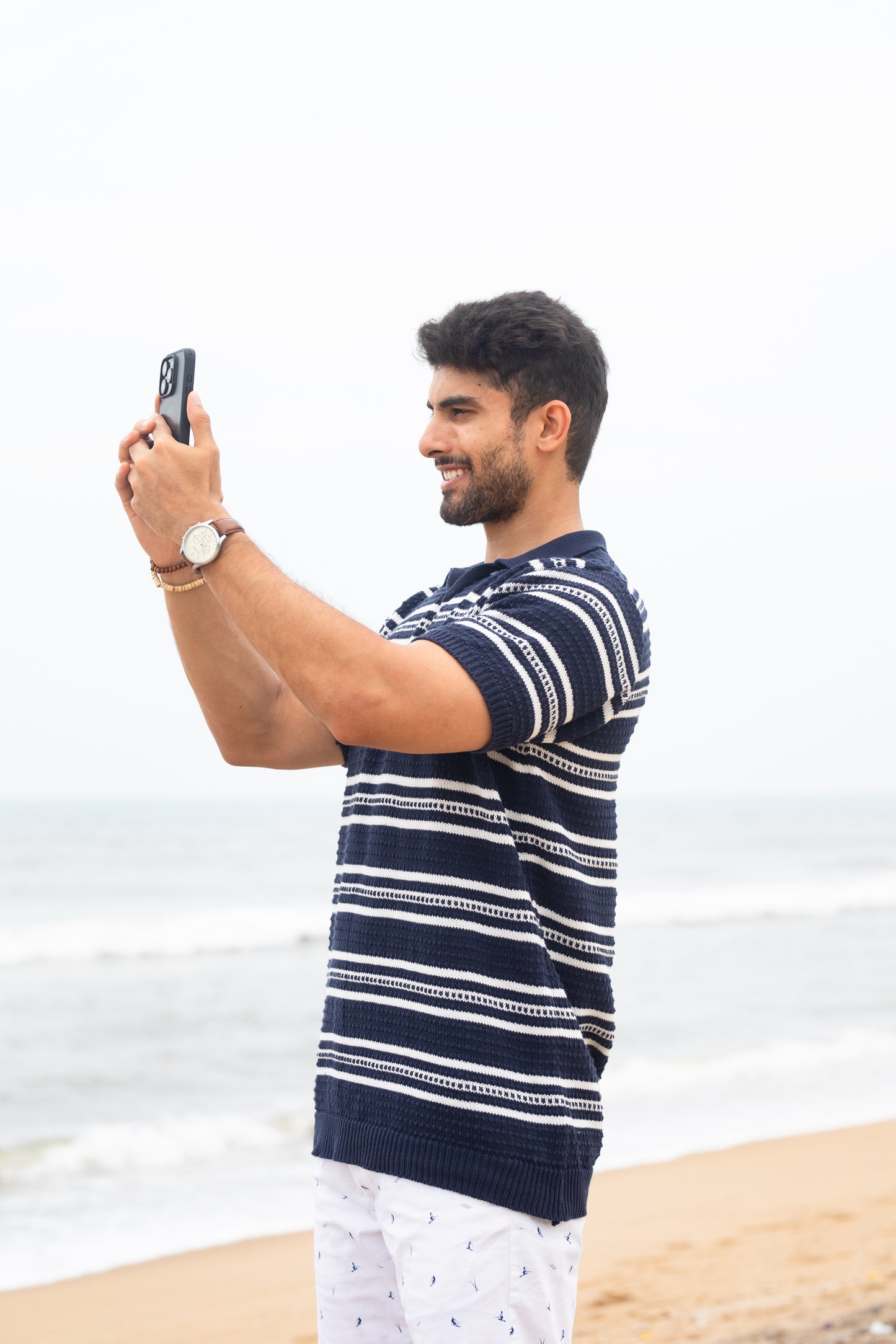 Navy stripe textured polo