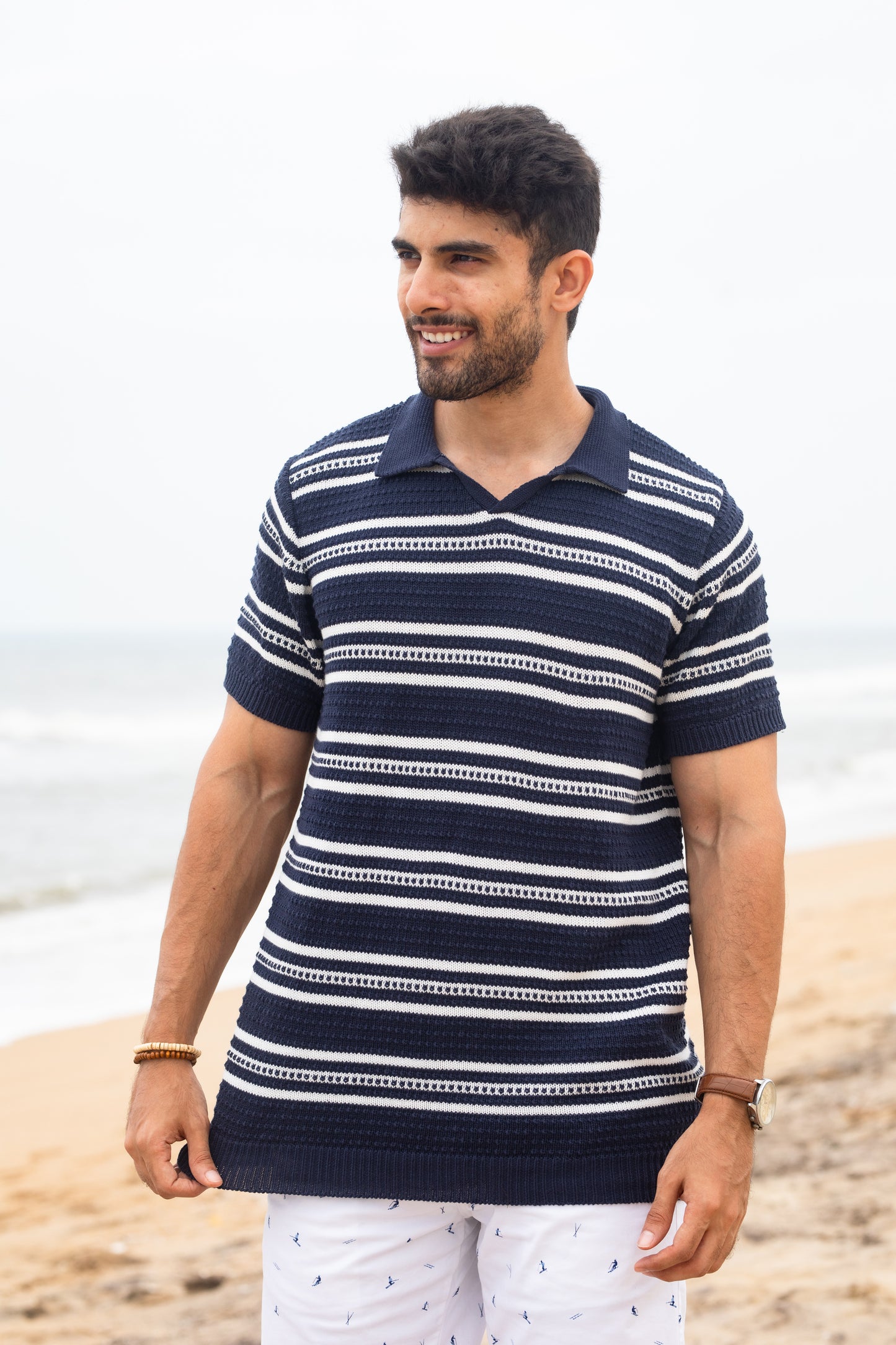 Navy stripe textured polo