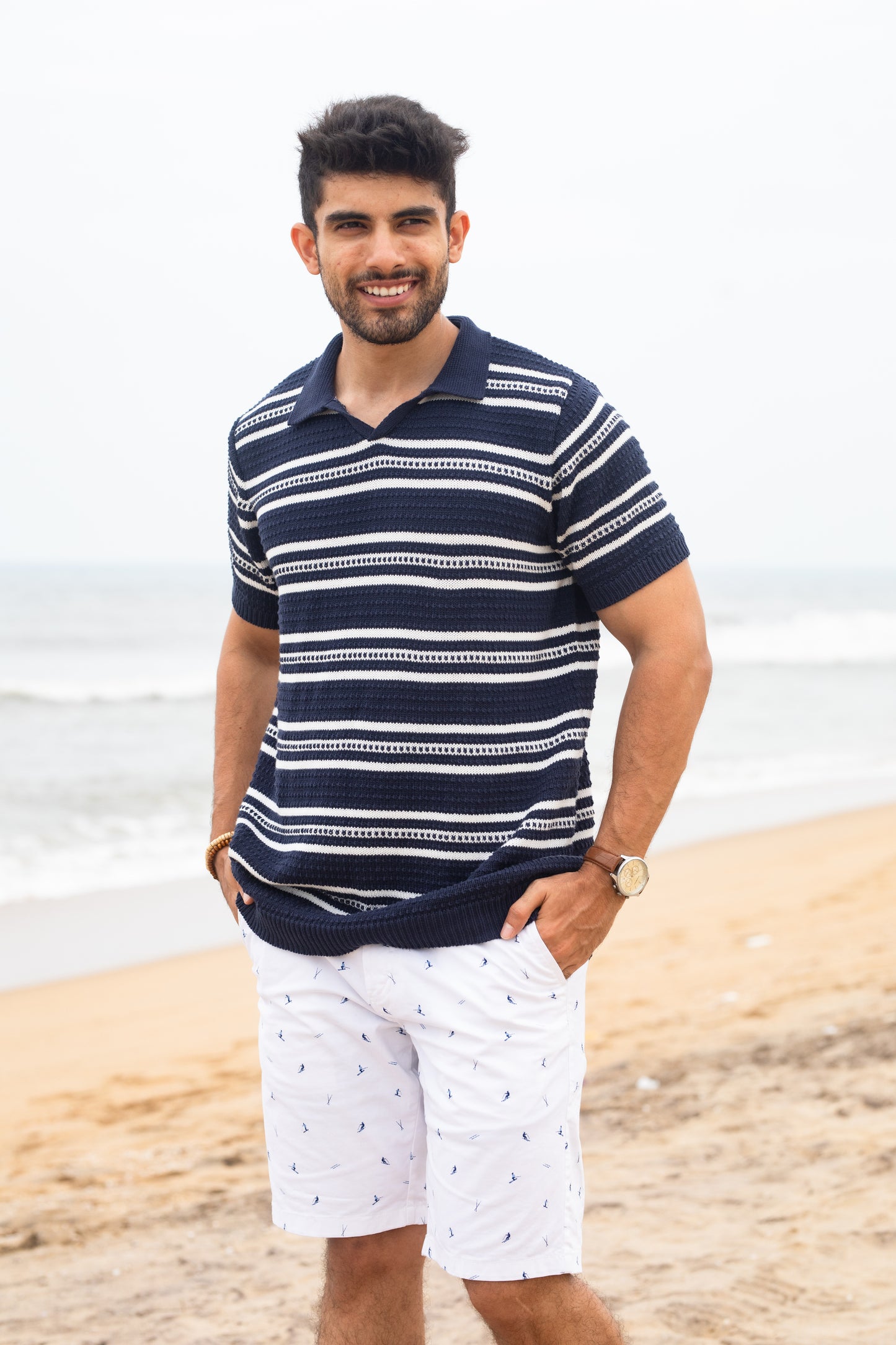 Navy stripe textured polo