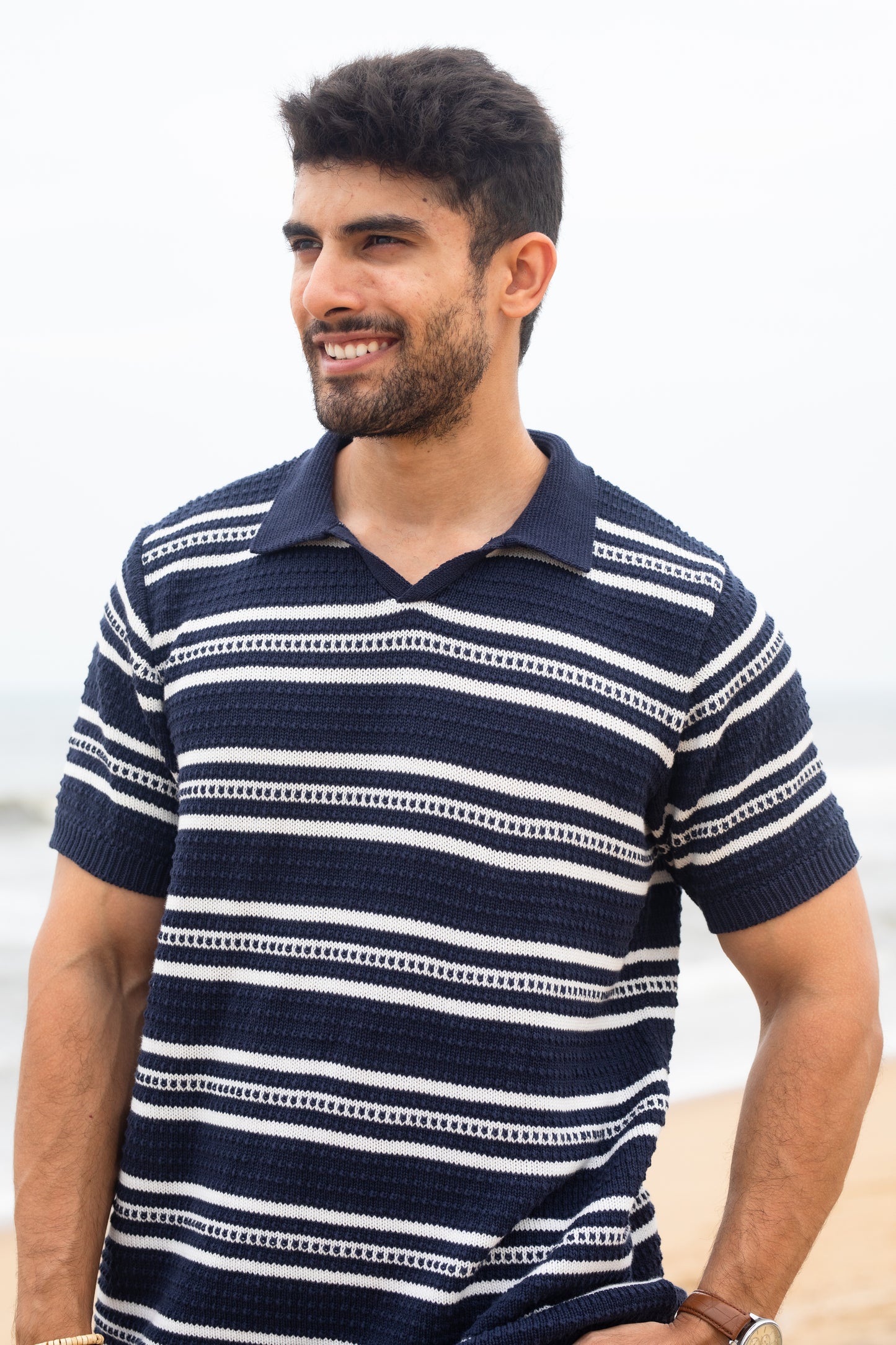 Navy stripe textured polo