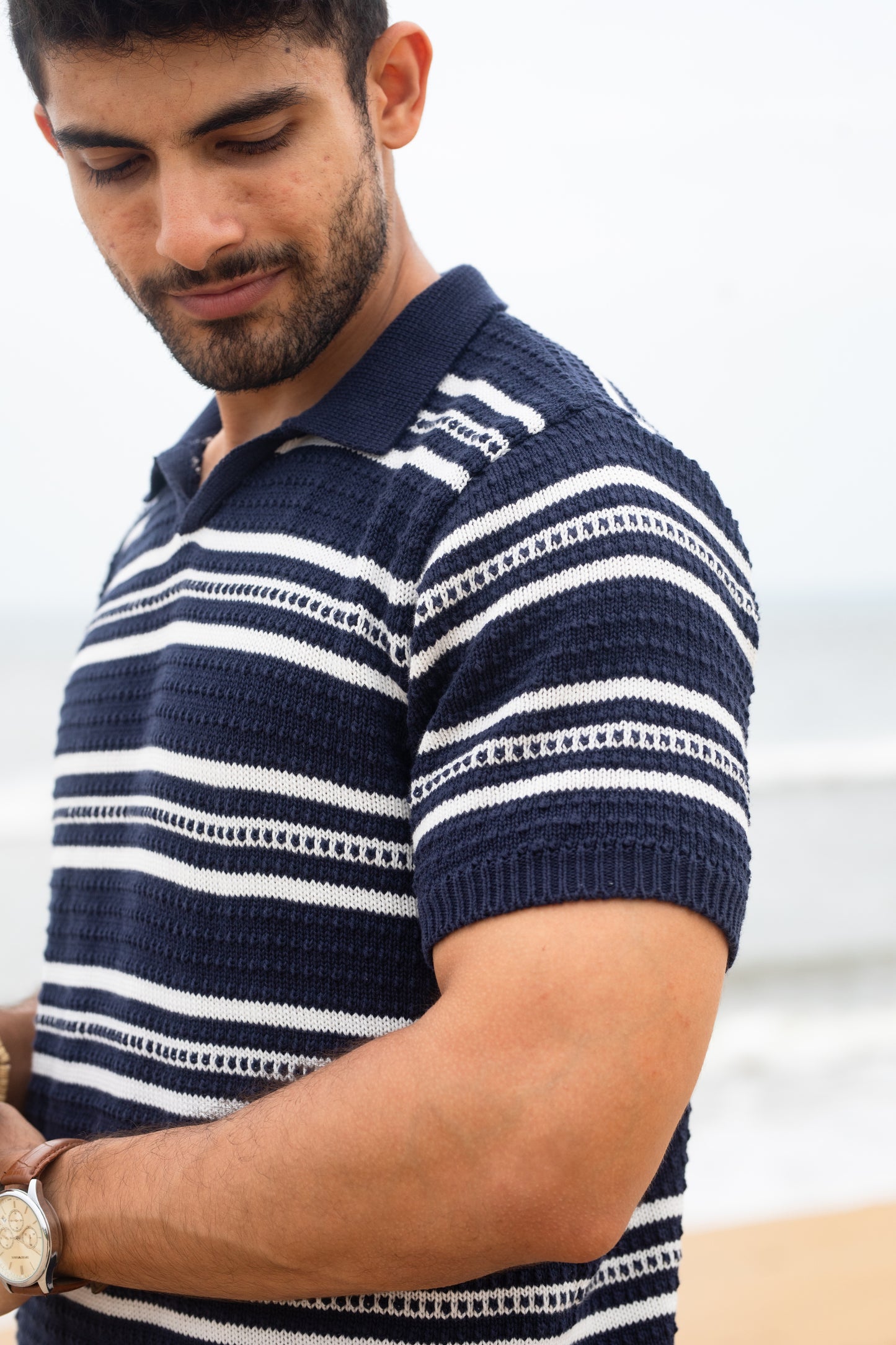 Navy stripe textured polo