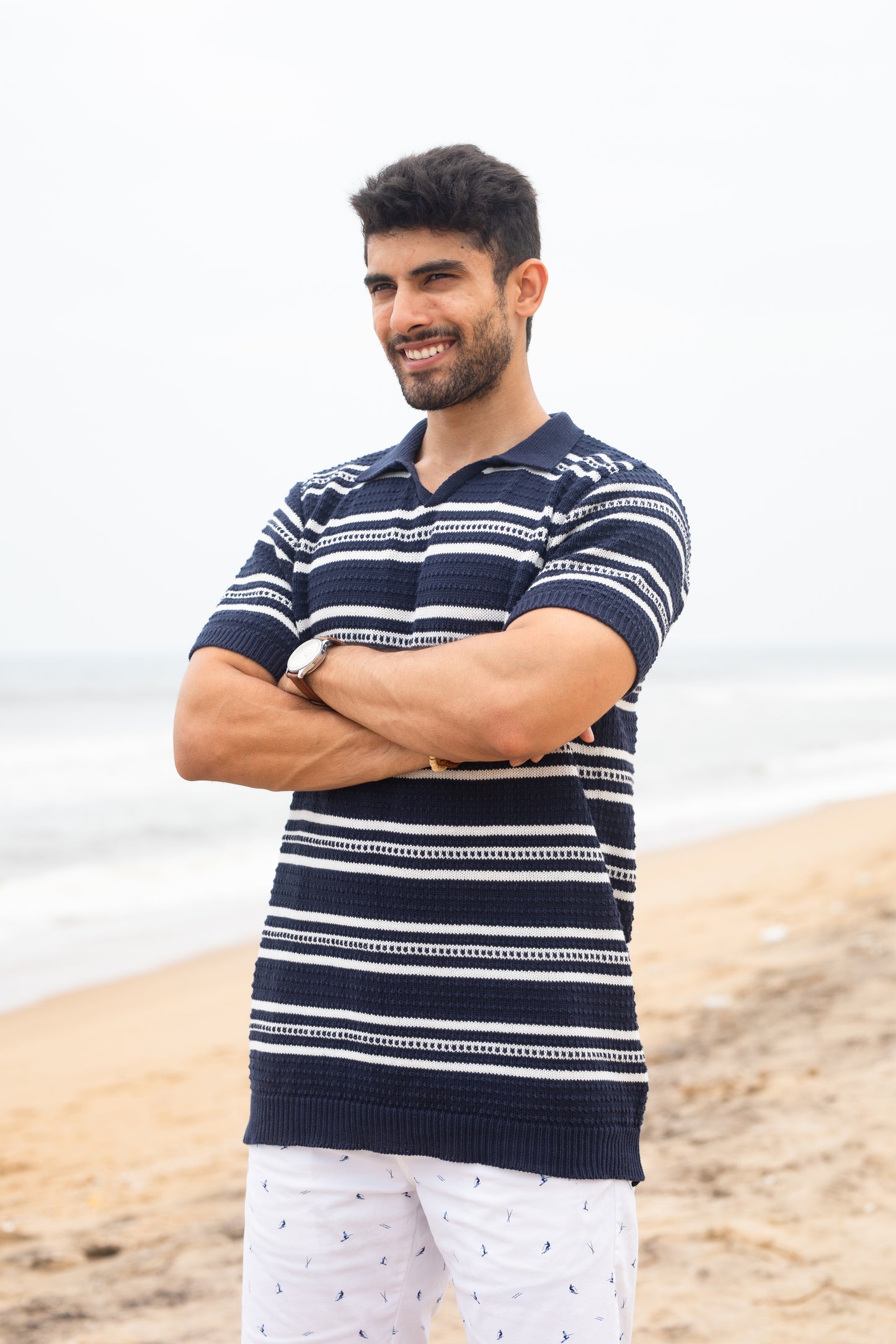 Navy stripe textured polo