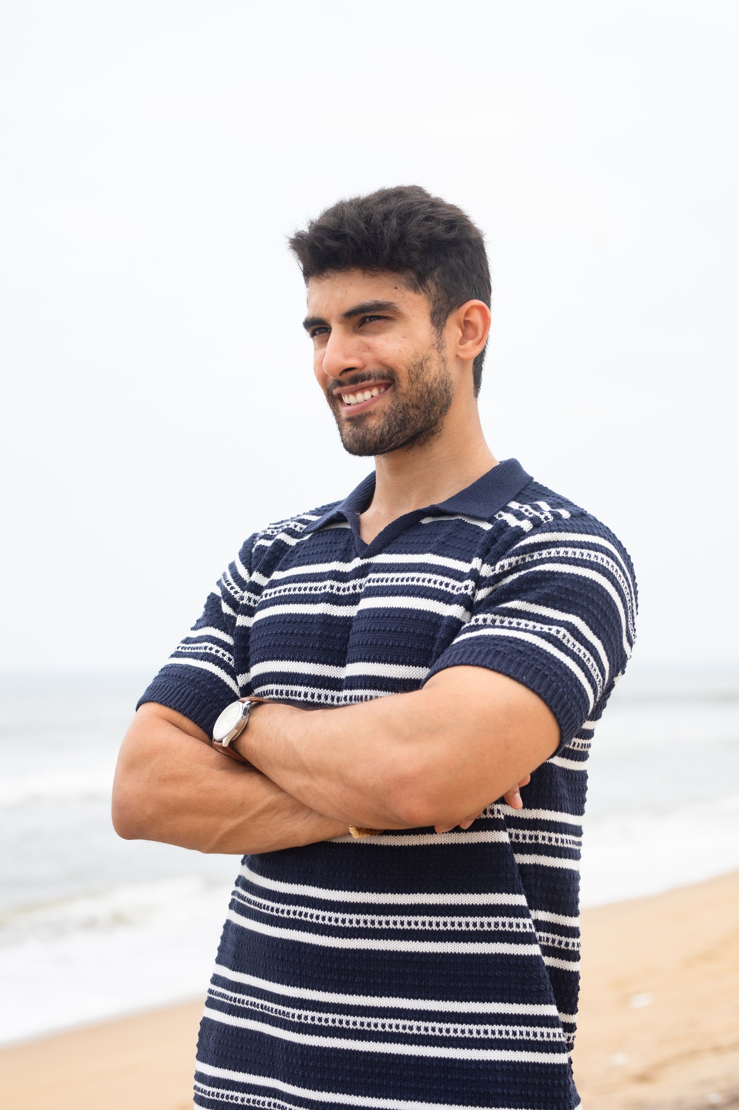 Navy stripe textured polo