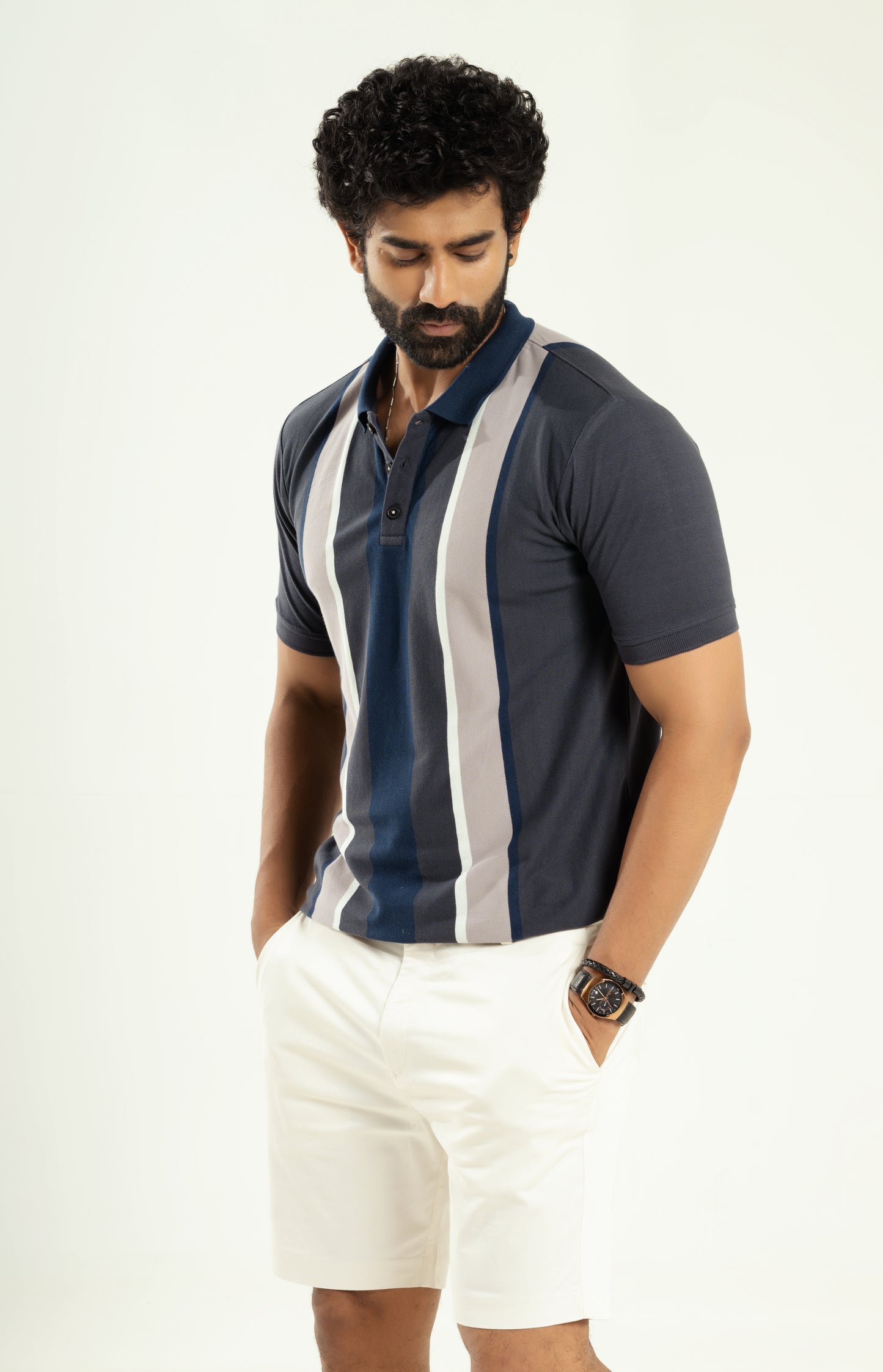 Striped jacquard polo t shirt in blue