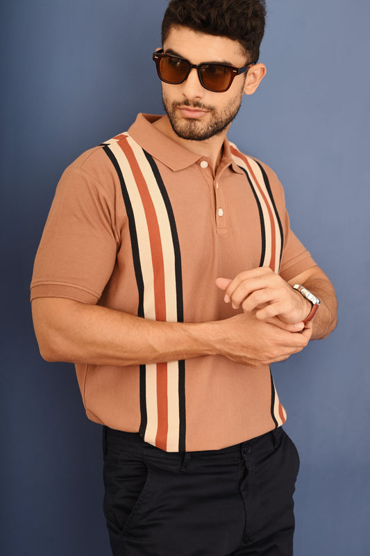 Striped jacquard polo t shirt in beige