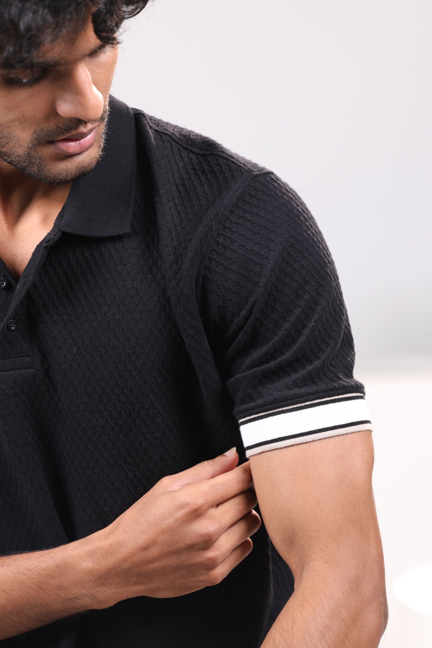 Waffle textured t shirt with contrast sleeve in black