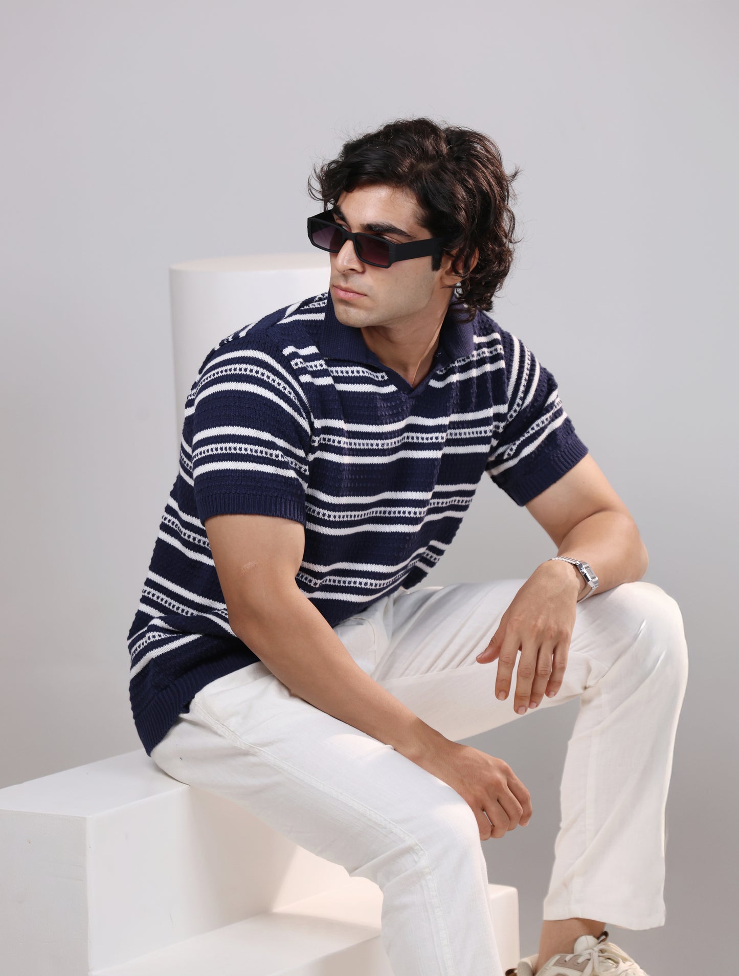 Navy stripe textured polo