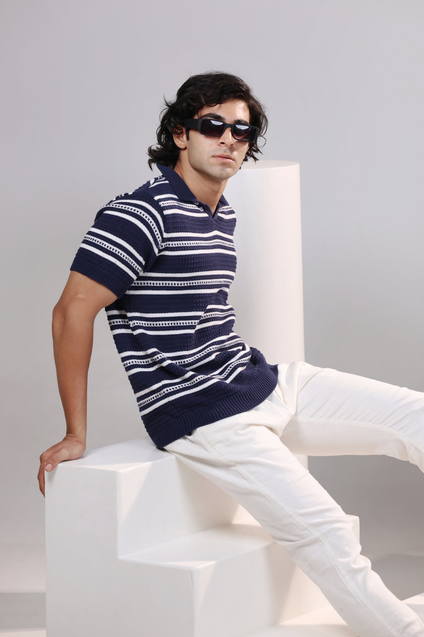 Navy stripe textured polo