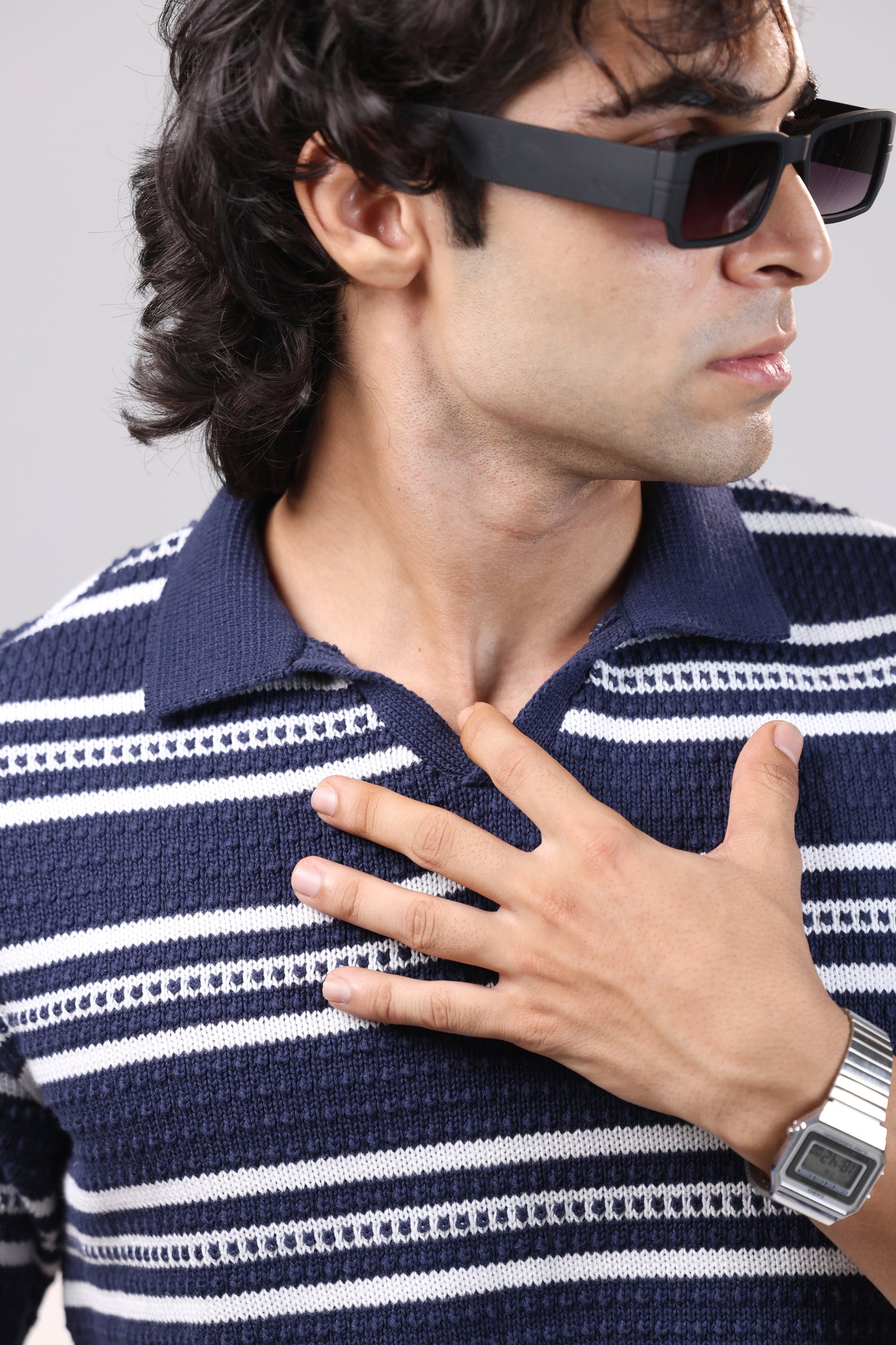 Navy stripe textured polo