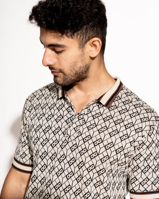 Loop tile jacquard knit polo neck half sleeve t-shirt