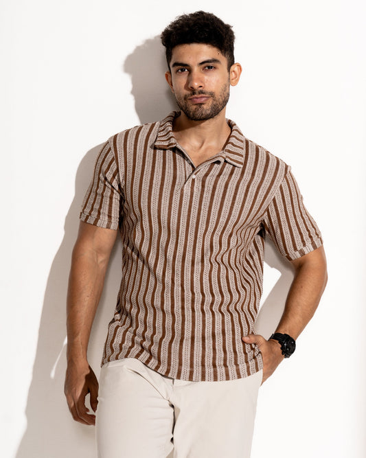 Ottoman stripe polo neck tshirt half sleeve