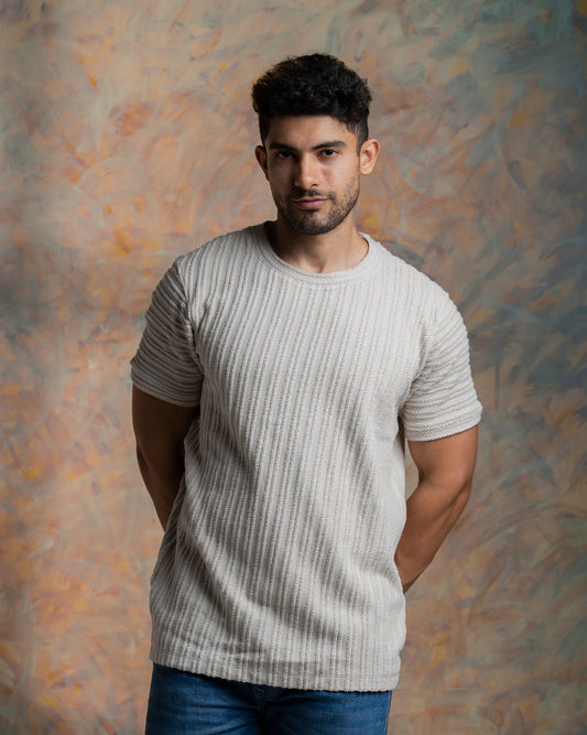 Rib knit crew neck half sleeve tshirt in Beige