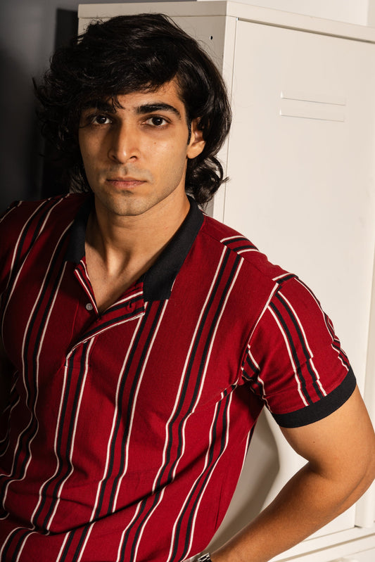 Regency stripe knit polo neck tshirt in red