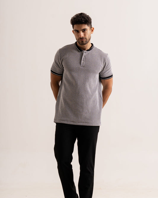 Micro two tone checkered board pattern polo neck half sleeve tshirt in black