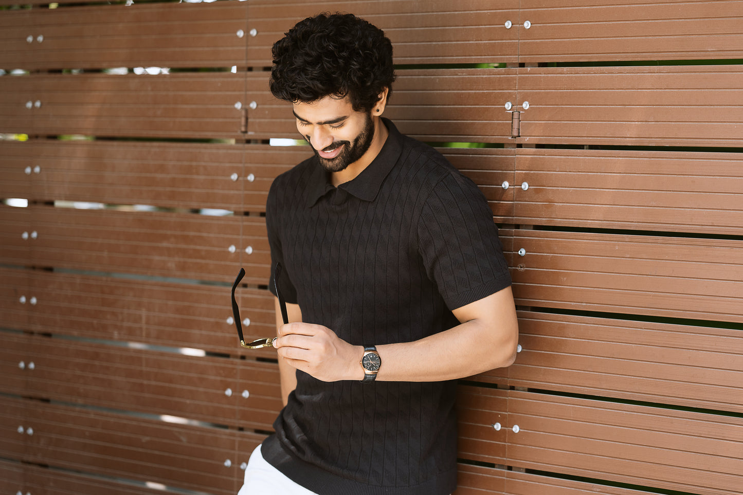 Jacquard textured t polo- Black- half sleeve