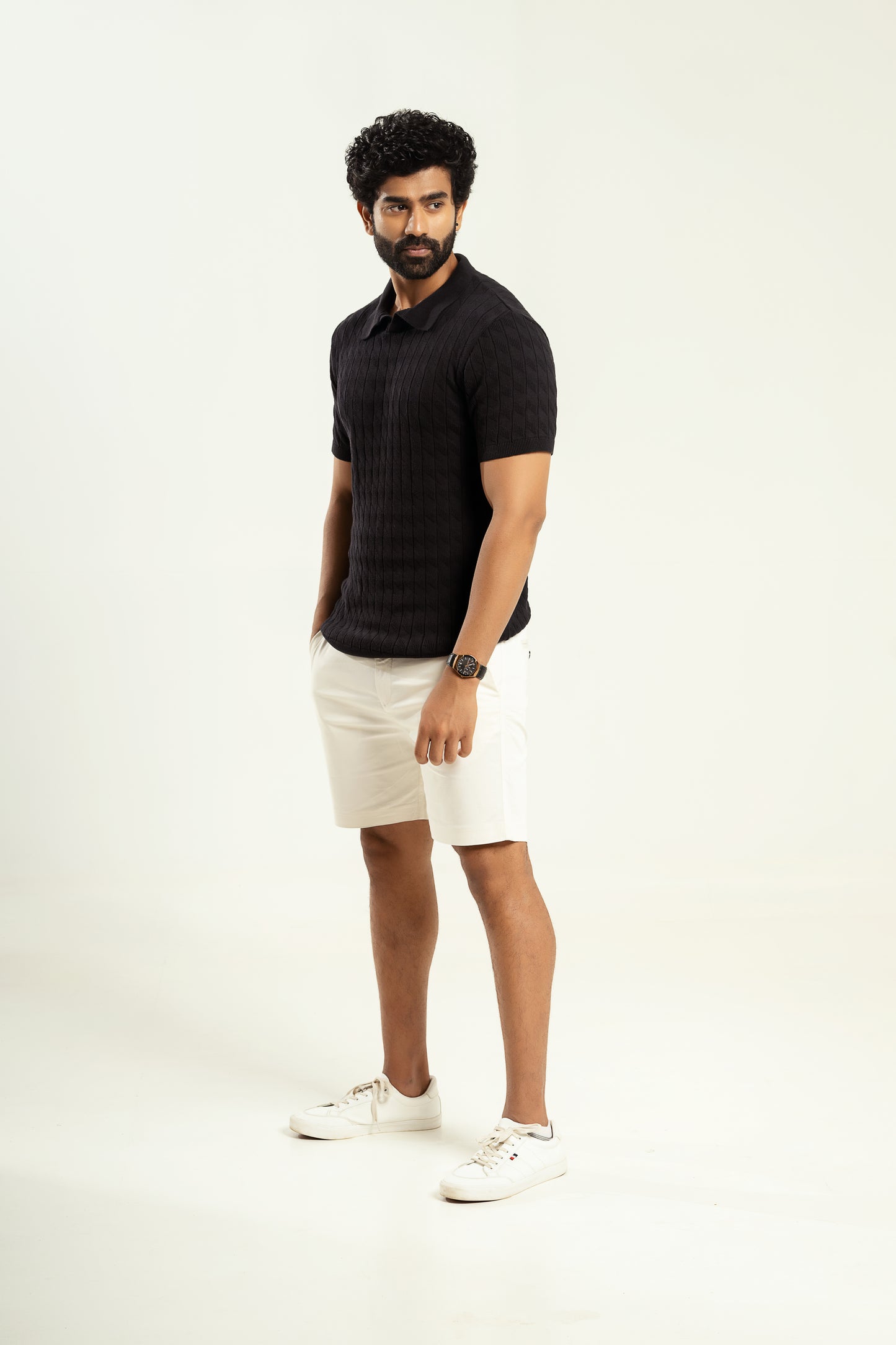 Jacquard textured t polo- Black- half sleeve